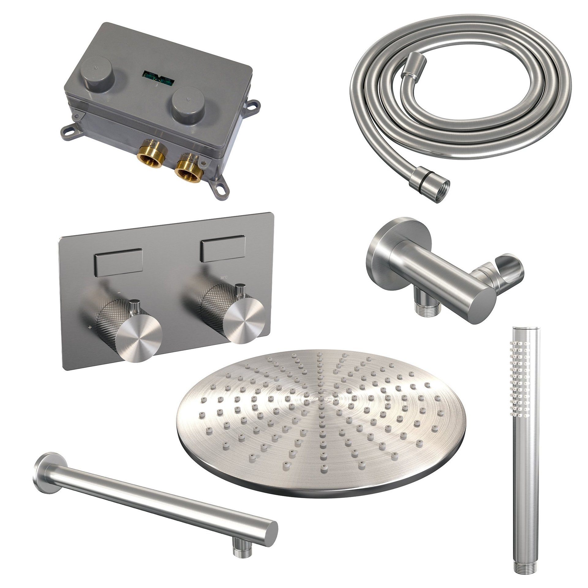 BRAUER Brushed Carving thermostatische inbouw regendouche met drukknoppen SET 50 met 30 cm douchekop en rechte muurarm en staaf handdouche en doucheslang en wandaansluitbocht RVS geborsteld PVD