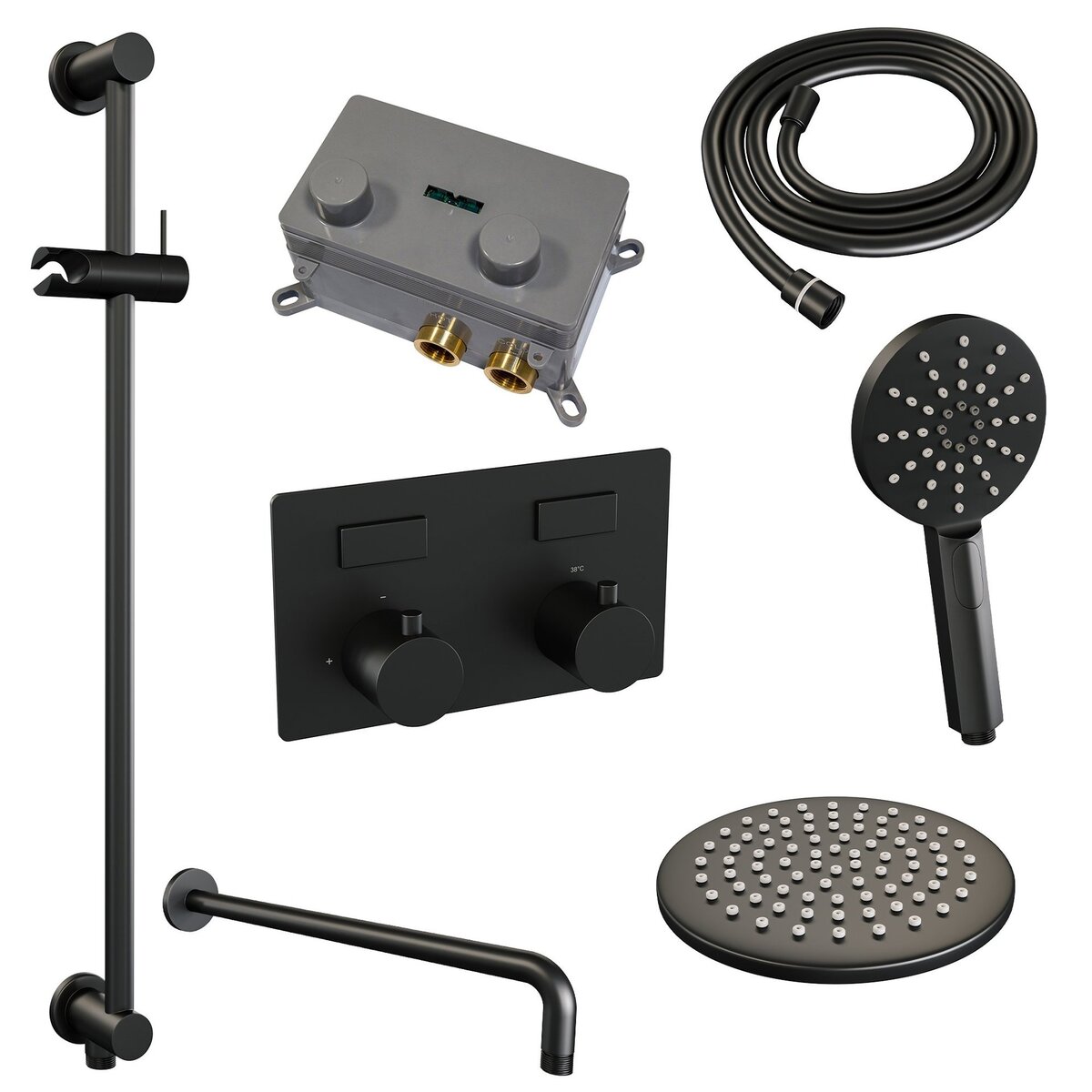 BRAUER Black Carving thermostatische inbouw regendouche met drukknoppen SET 69 met 20 cm douchekop en gebogen muurarm en 3-standen handdouche en doucheslang en geïntegreerde glijstang mat zwart