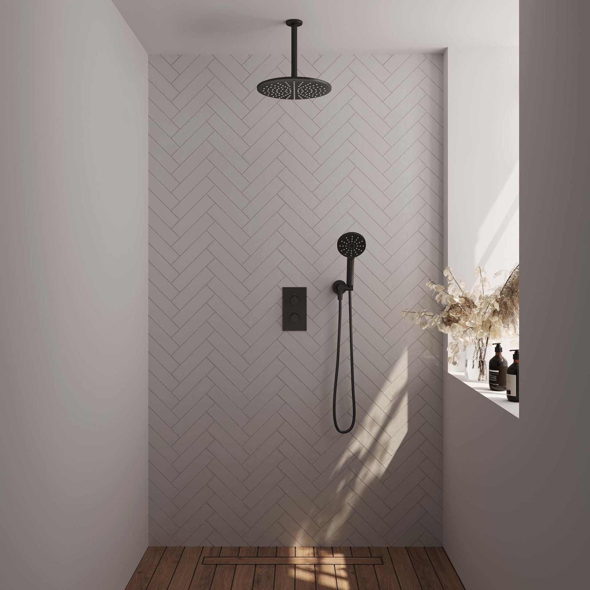 BRAUER Black Carving thermostatische inbouw regendouche 3-weg rechthoekig SET 36 met 30 cm douchekop en plafondarm en 3-standen handdouche en doucheslang en wandaansluitbocht mat zwart
