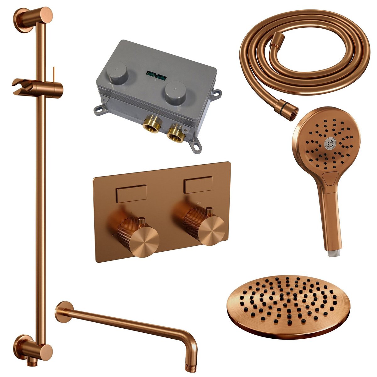 BRAUER Copper Carving thermostatische inbouw regendouche met drukknoppen SET 69 met 20 cm douchekop en gebogen muurarm en 3-standen handdouche en doucheslang en geïntegreerde glijstang koper geborsteld PVD