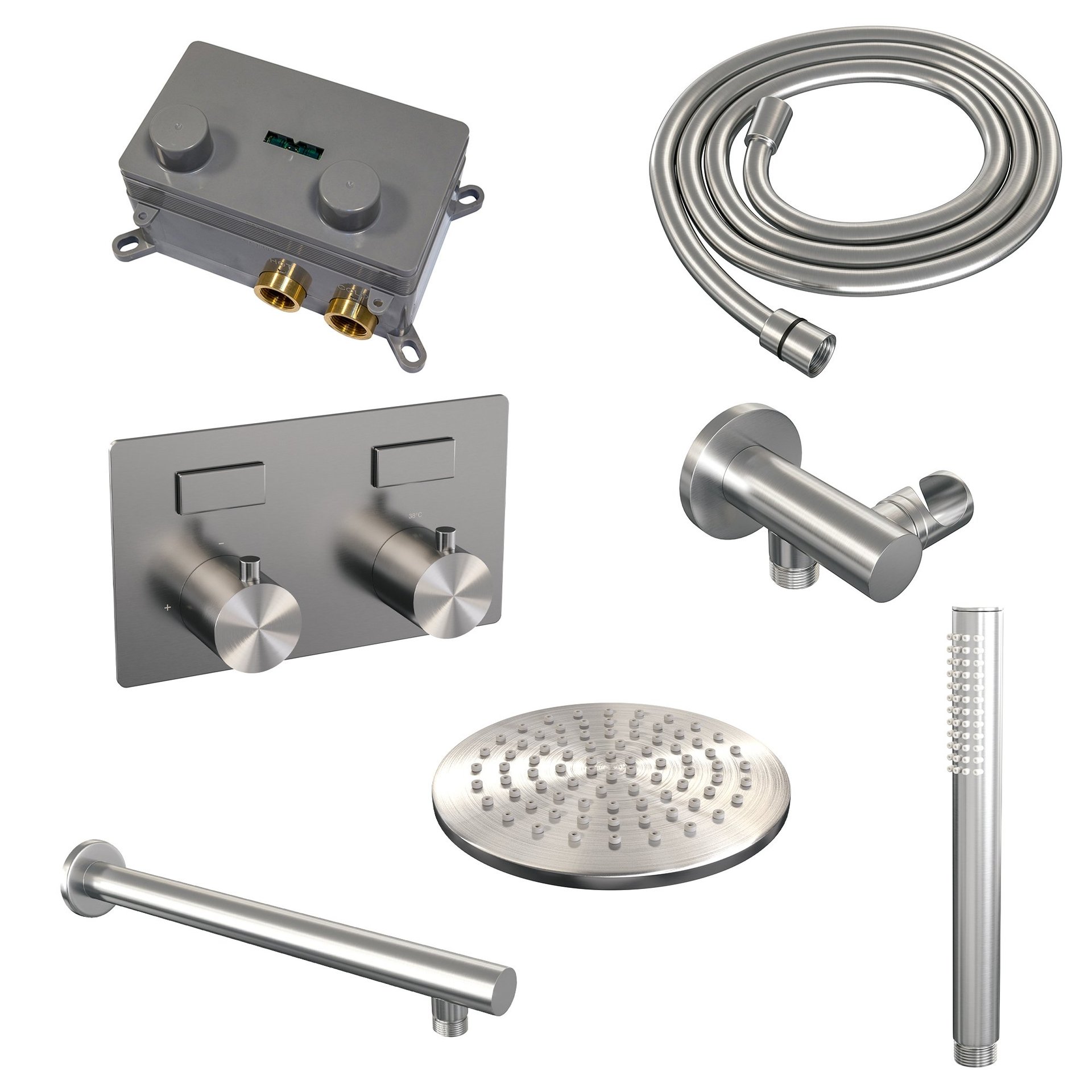 BRAUER Brushed Edition thermostatische inbouw regendouche met drukknoppen SET 49 met 20 cm douchekop en rechte muurarm en staaf handdouche en doucheslang en wandaansluitbocht RVS geborsteld PVD