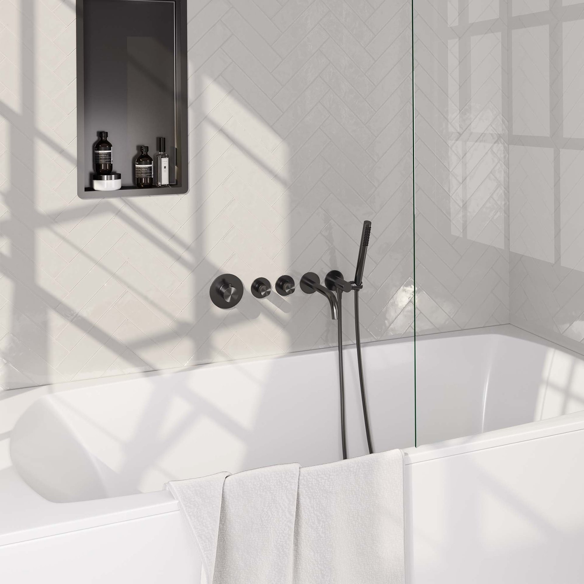 BRAUER Gunmetal Edition thermostatische inbouw badkraan SET 01 met uitloop en staaf handdouche en doucheslang en wandaansluitbocht gunmetal geborsteld PVD