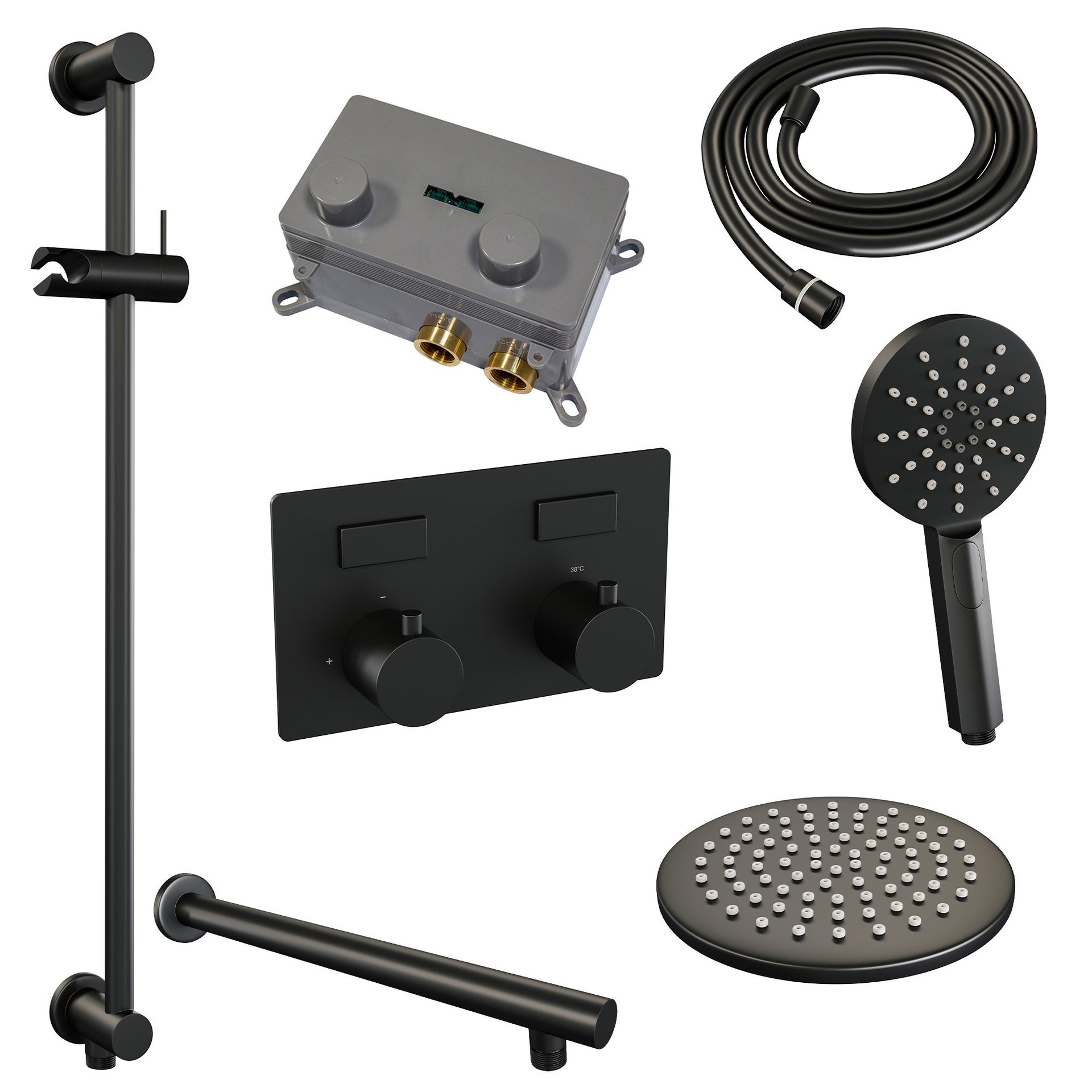 BRAUER Black Edition thermostatische inbouw regendouche met drukknoppen SET 67 met 20 cm douchekop en rechte muurarm en 3-standen handdouche en doucheslang en geïntegreerde glijstang mat zwart