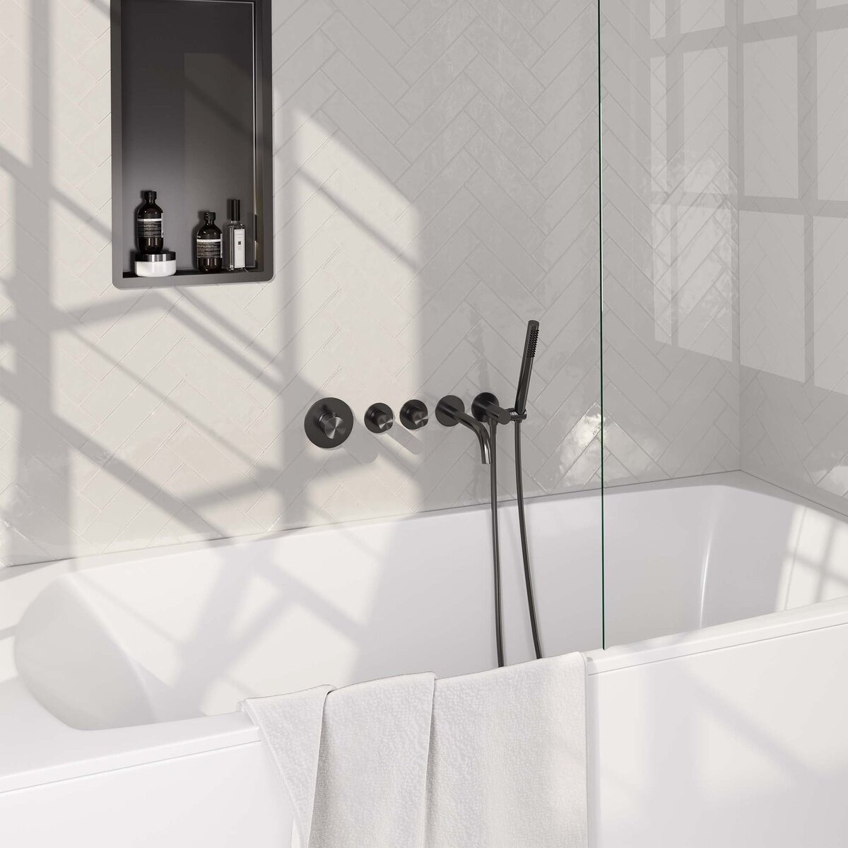 BRAUER Gunmetal Carving thermostatische inbouw badkraan SET 01 met uitloop en staaf handdouche en doucheslang en wandaansluitbocht gunmetal geborsteld PVD