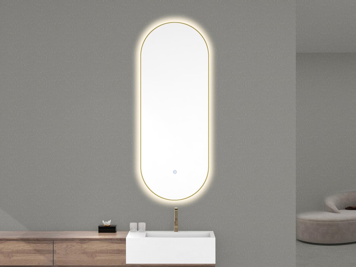 Nomi spiegel met lijst ovaal met LED, dimbaar en spiegelverwarming 50 x 100 cm geborsteld messing