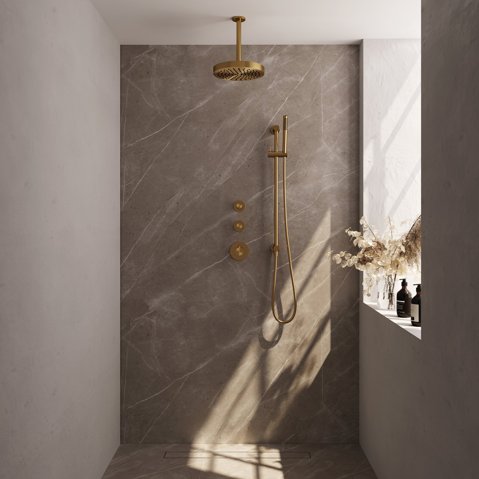 BRAUER Stripe thermostatische inbouw regendouche SET 09 met 25 cm douchekop en plafondarm en staaf handdouche en doucheslang en geïntegreerde glijstang goud geborsteld PVD