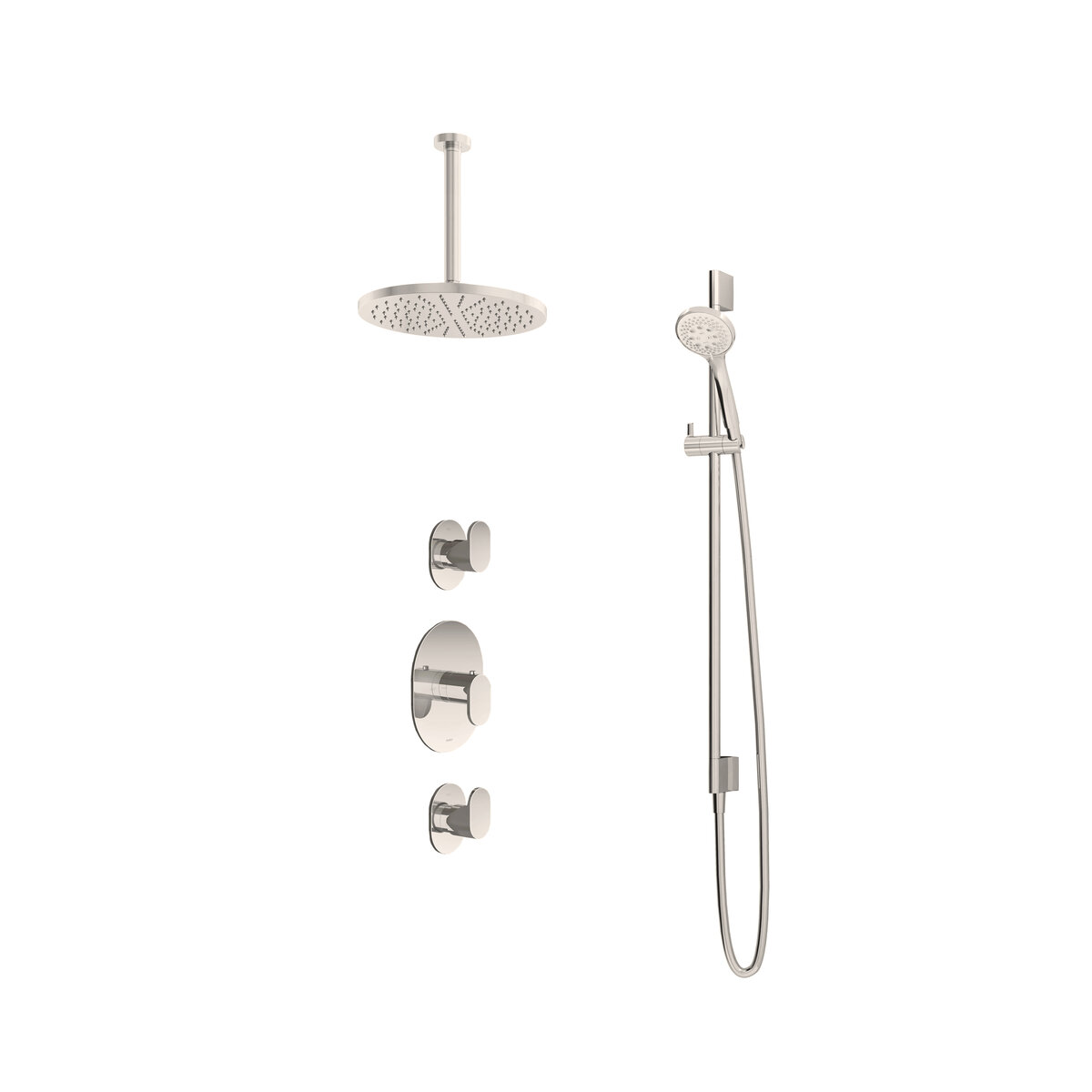 Hotbath Friendo Inbouw Regendoucheset Rond Met 2 Stopkranen, Plafondbuis 30cm, Hoofddouche 30cm En 3-Standen Handdouche Geborsteld Nikkel