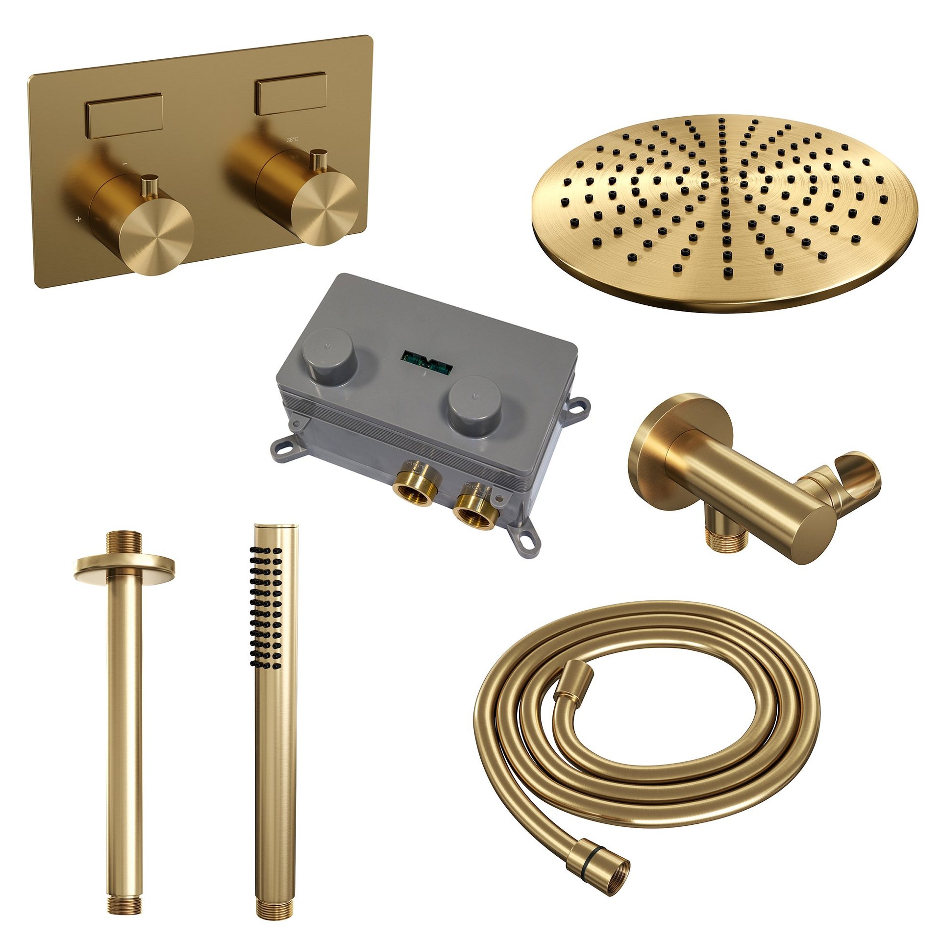BRAUER Gold Edition thermostatische inbouw regendouche met drukknoppen SET 54 met 30 cm douchekop en plafondarm en staaf handdouche en doucheslang en wandaansluitbocht goud geborsteld PVD
