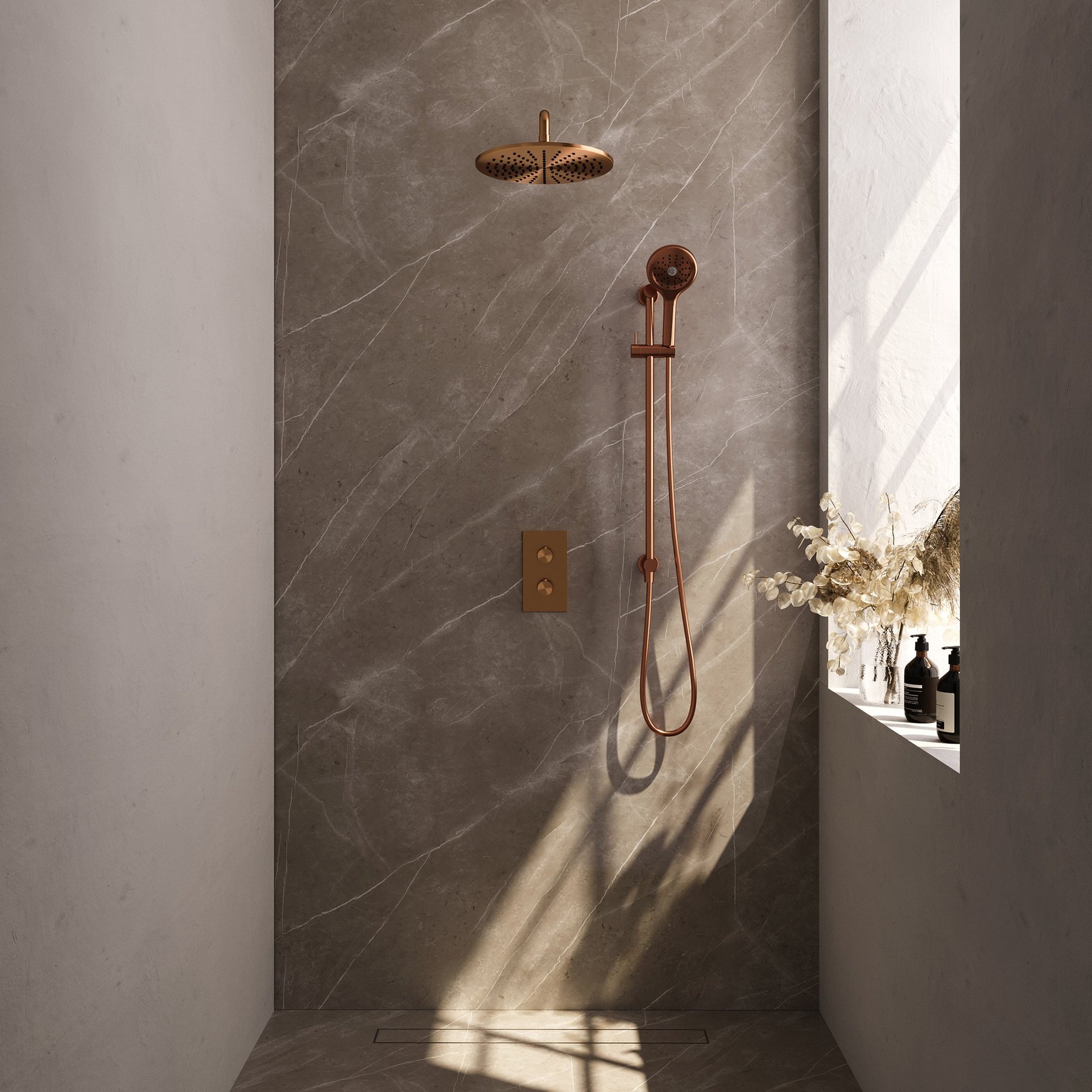BRAUER Copper Edition thermostatische inbouw regendouche 3-weg rechthoekig SET 46 met 30 cm douchekop en gebogen muurarm en 3-standen handdouche en doucheslang en geïntegreerde glijstang koper geborsteld PVD