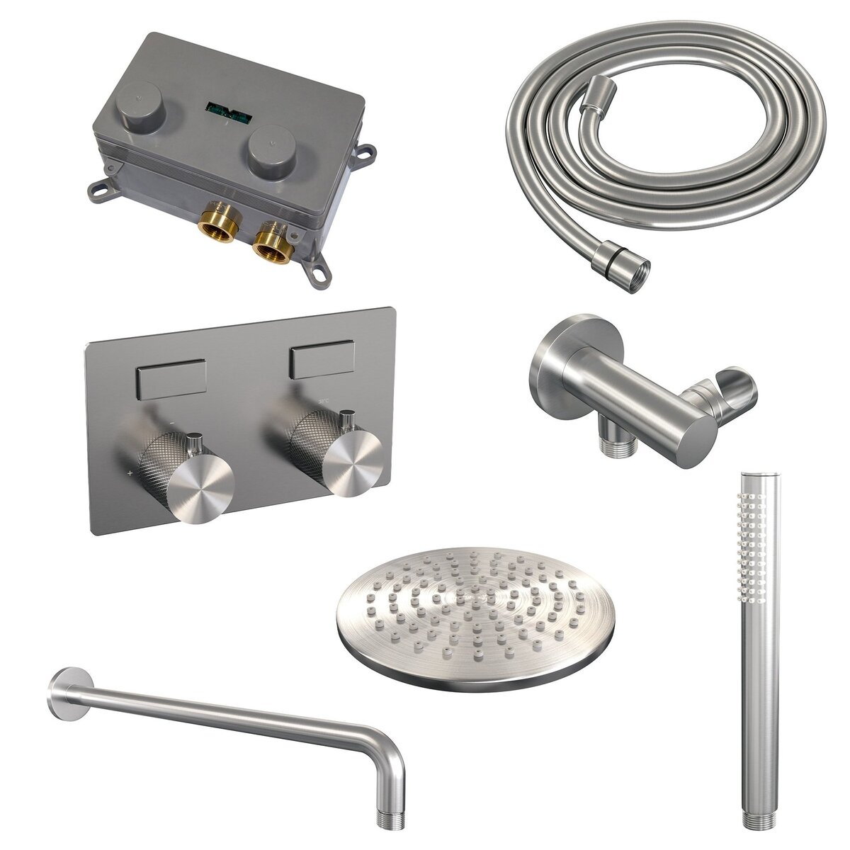 BRAUER Brushed Carving thermostatische inbouw regendouche met drukknoppen SET 51 met 20 cm douchekop en gebogen muurarm en staaf handdouche en doucheslang en wandaansluitbocht RVS geborsteld PVD