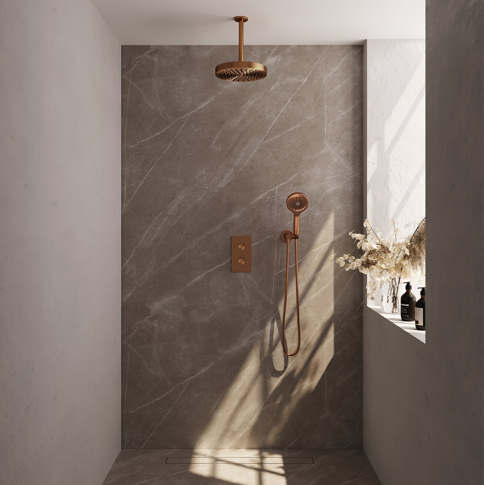 BRAUER Stripe thermostatische inbouw regendouche 3-weg rechthoekig SET 18 met 25 cm douchekop en plafondarm en 3-standen handdouche en doucheslang en wandaansluitbocht koper geborsteld PVD