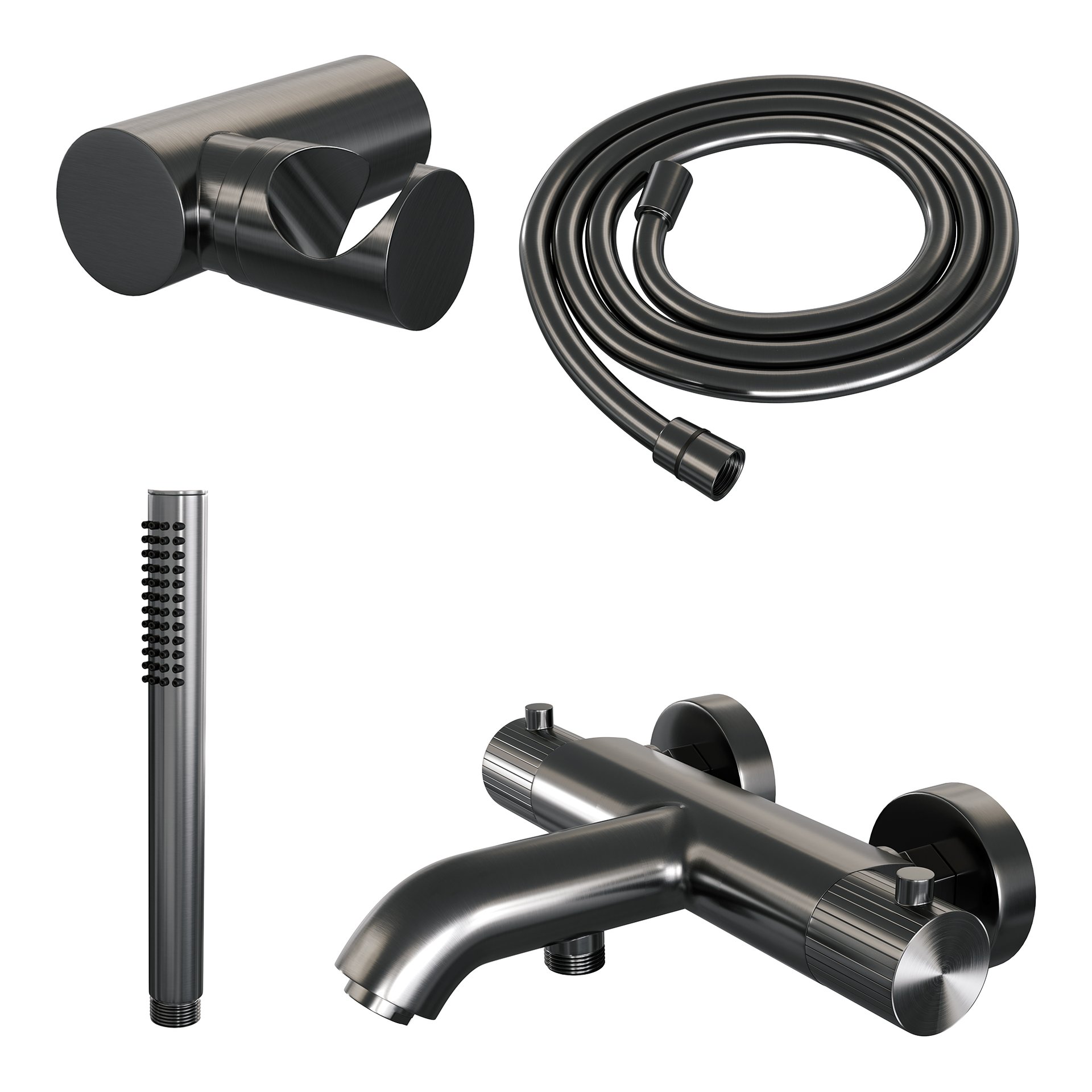 BRAUER Stripe opbouw baddouche thermostaatkraan SET 03 met wandhouder en staaf handdouche en doucheslang gunmetal geborsteld PVD