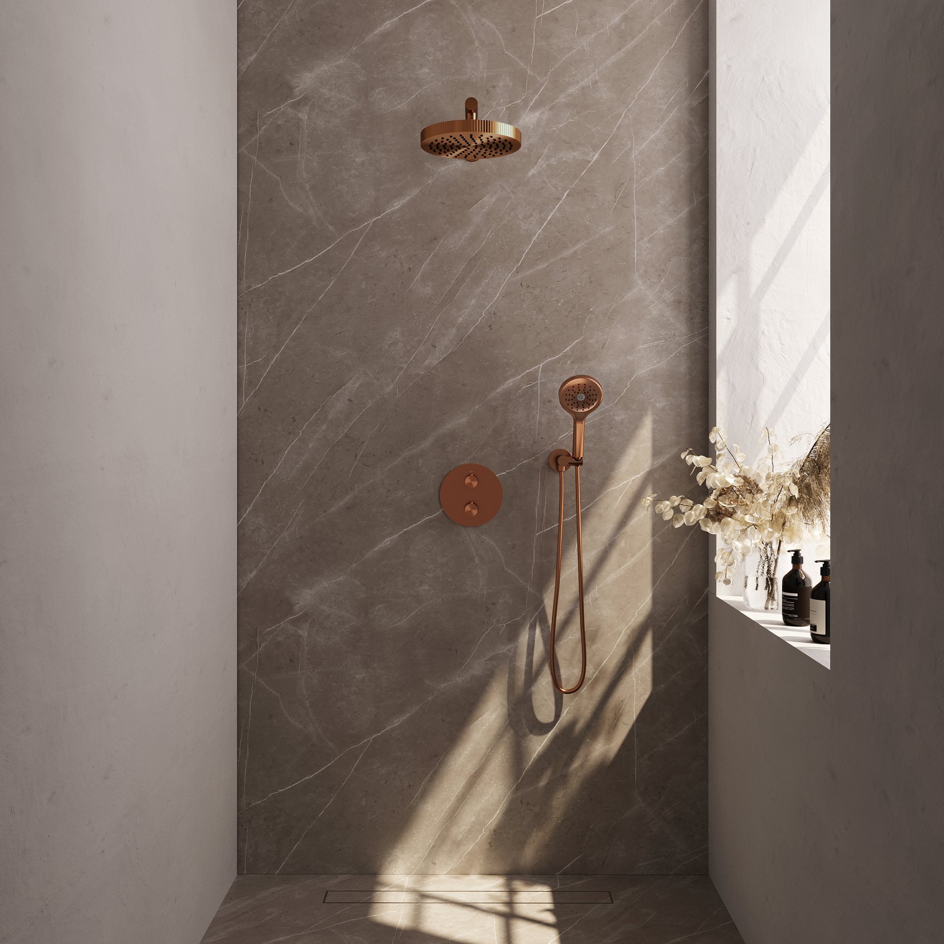 BRAUER Stripe thermostatische inbouw regendouche 3-weg rond SET 40 met 25 cm douchekop en rechte muurarm en 3-standen handdouche en doucheslang en wandaansluitbocht koper geborsteld PVD