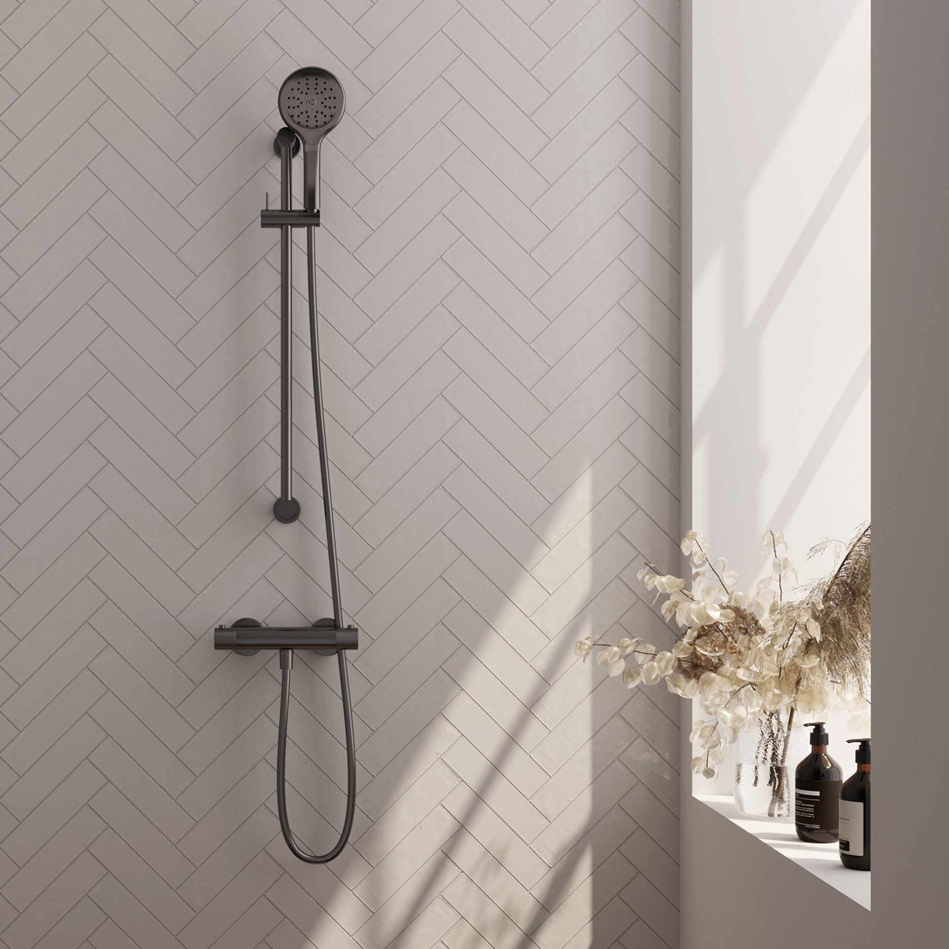 BRAUER Gunmetal Carving opbouw douche thermostaatkraan SET 02 met glijstang en 3-standen handdouche en doucheslang gunmetal geborsteld PVD