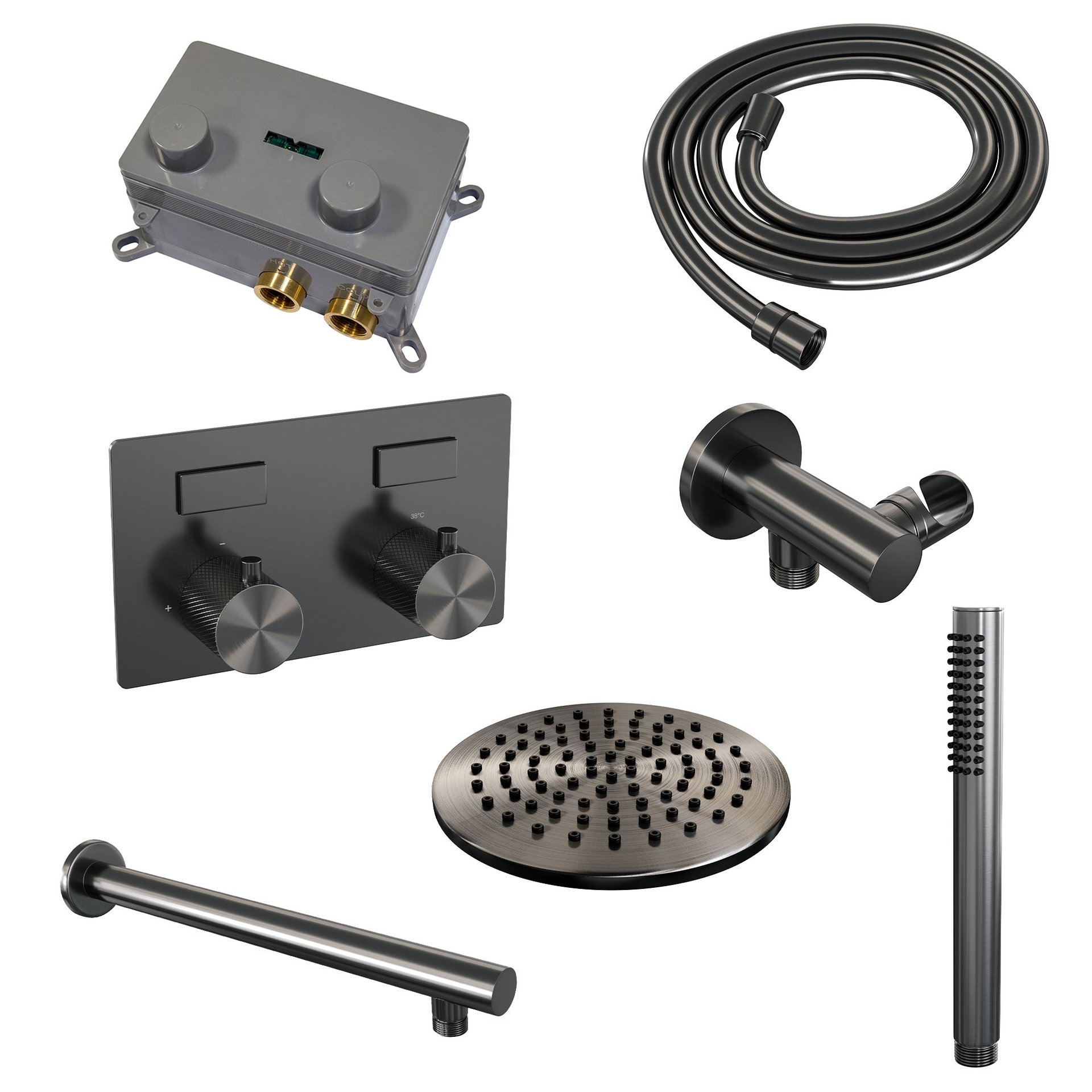 BRAUER Gunmetal Carving thermostatische inbouw regendouche met drukknoppen SET 49 met 20 cm douchekop en rechte muurarm en staaf handdouche en doucheslang en wandaansluitbocht gunmetal geborsteld PVD