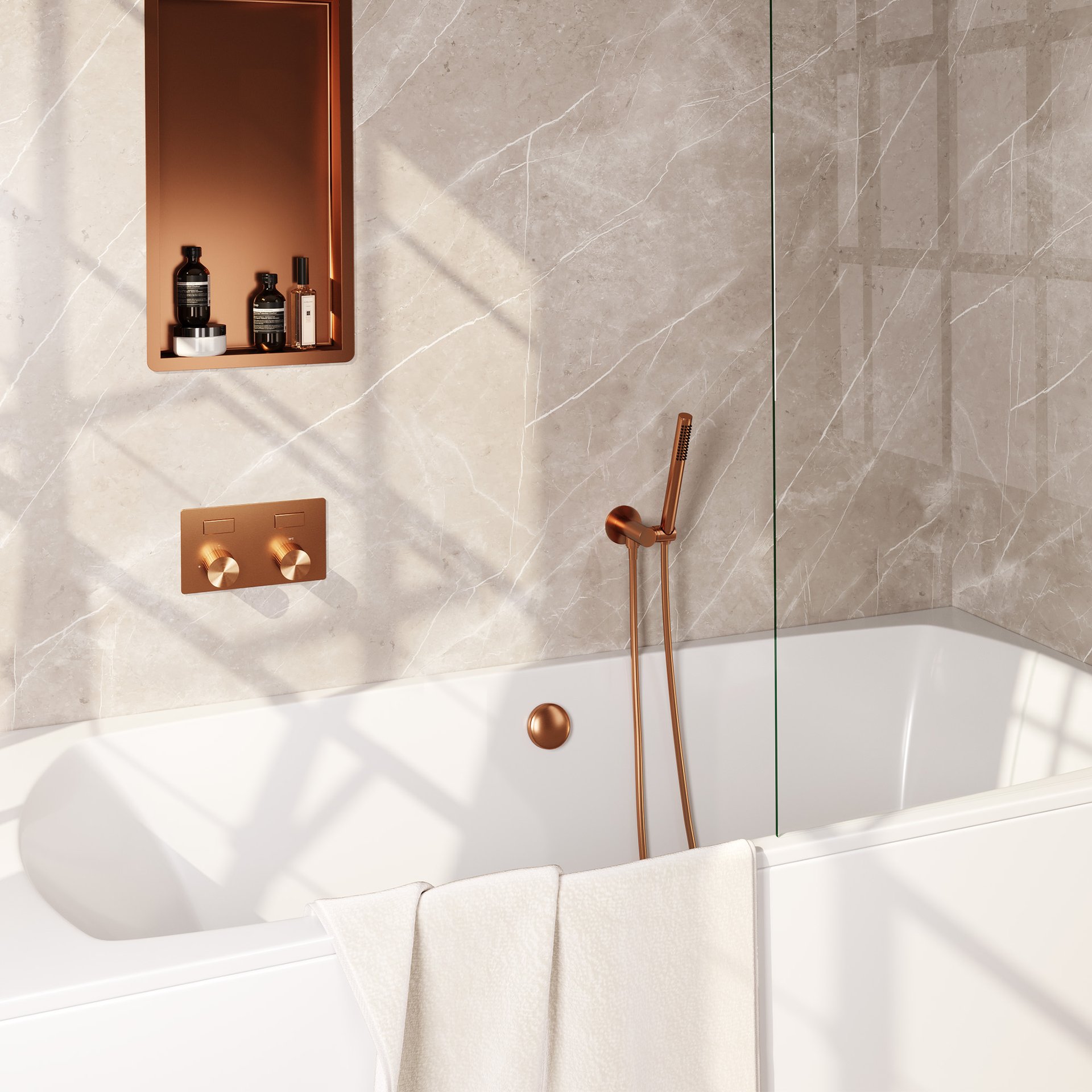 BRAUER Stripe thermostatische inbouw badkraan met drukknoppen SET 03 met badvulcombinatie en staaf handdouche en doucheslang en wandaansluitbocht koper geborsteld PVD