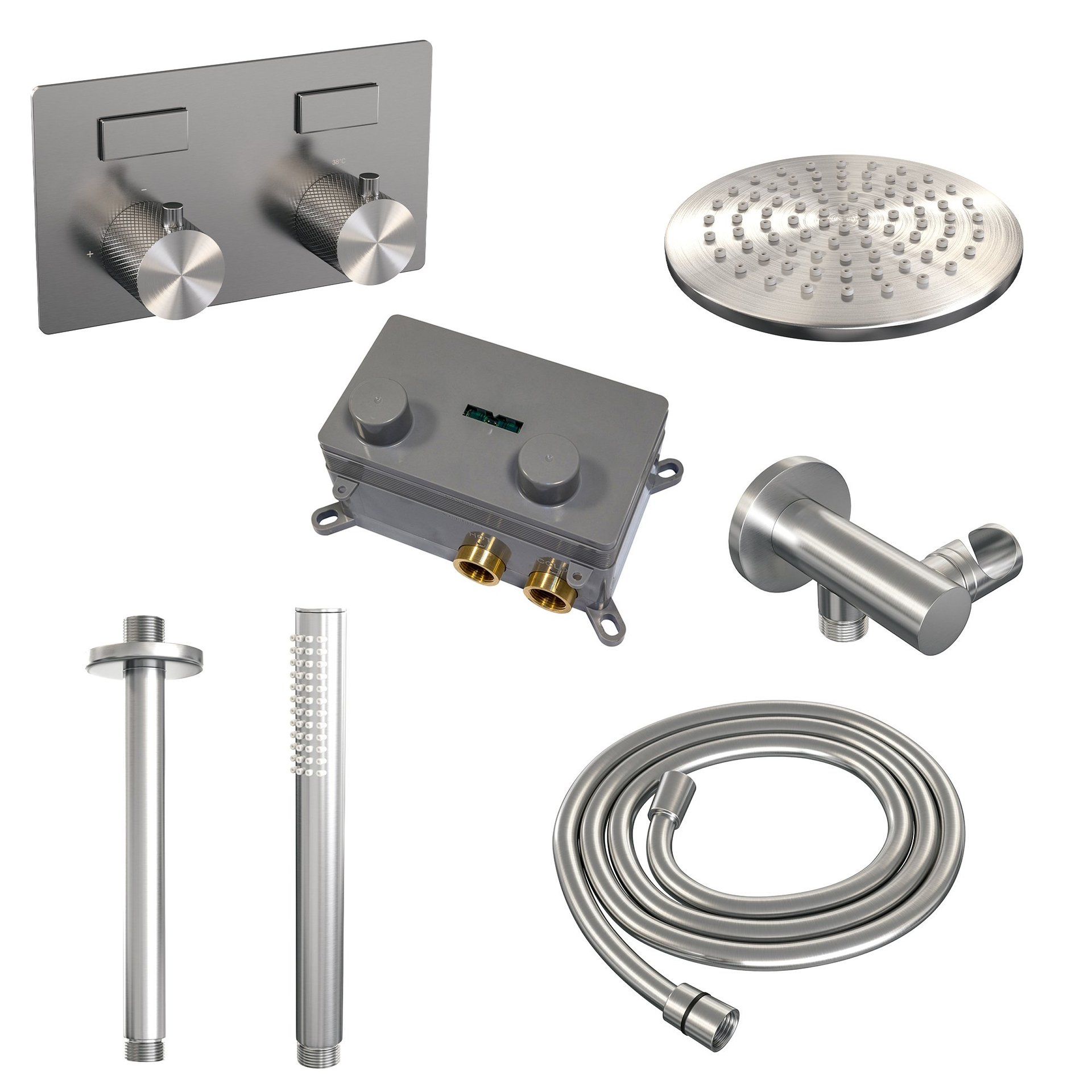 BRAUER Brushed Carving thermostatische inbouw regendouche met drukknoppen SET 53 met 20 cm douchekop en plafondarm en staaf handdouche en doucheslang en wandaansluitbocht RVS geborsteld PVD