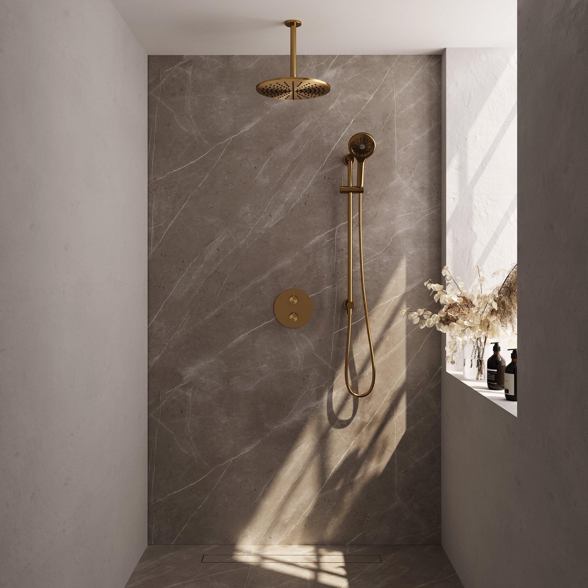 BRAUER Gold Edition thermostatische inbouw regendouche 3-weg rond SET 96 met 30 cm douchekop en plafondarm en 3-standen handdouche en doucheslang en geïntegreerde glijstang goud geborsteld PVD
