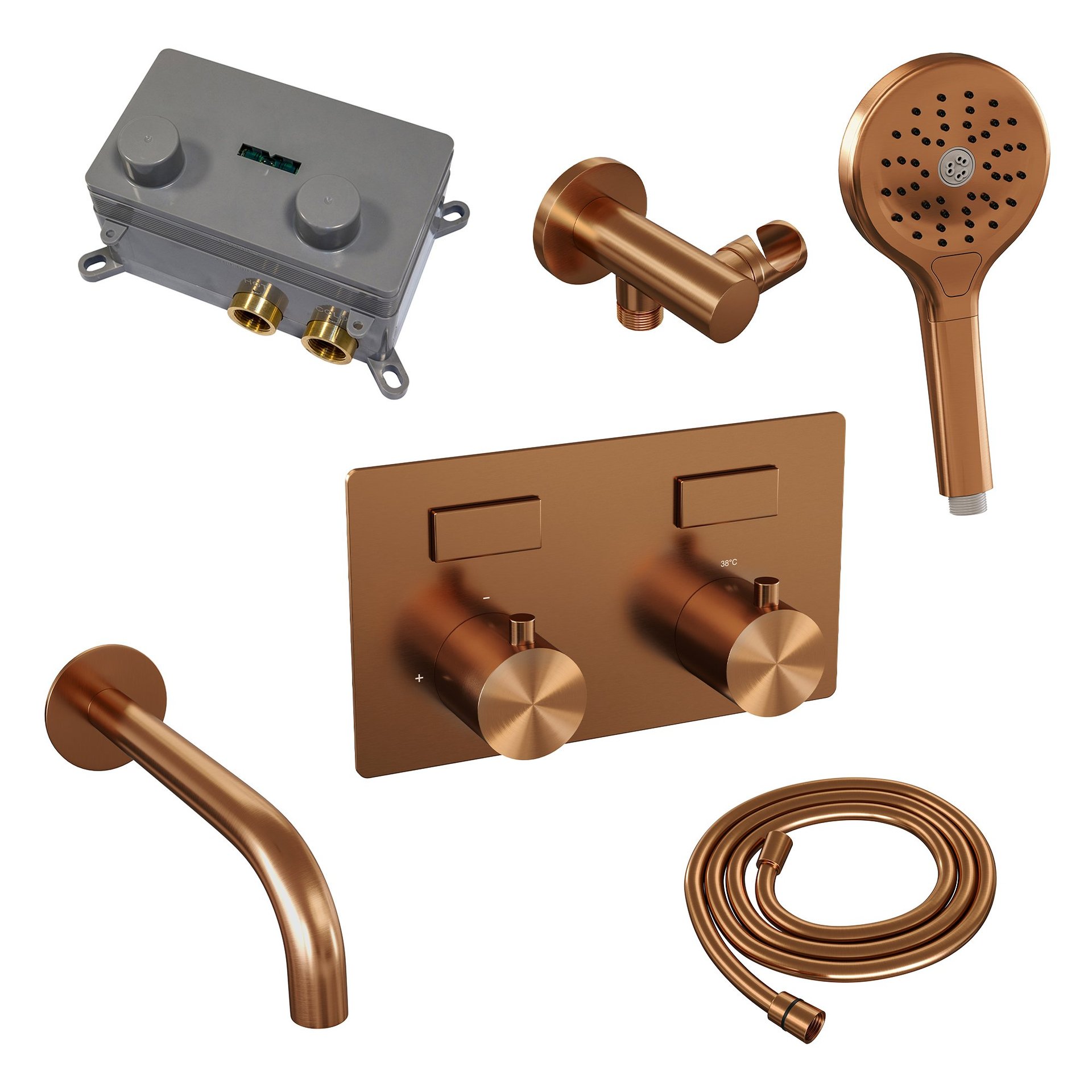 BRAUER Copper Edition thermostatische inbouw badkraan met drukknoppen SET 04 met uitloop en 3-standen handdouche en doucheslang en wandaansluitbocht koper geborsteld PVD