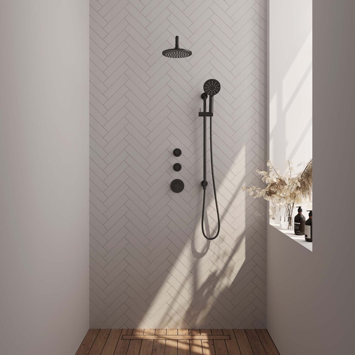 BRAUER Black Carving thermostatische inbouw regendouche SET 21 met 20 cm douchekop en gebogen muurarm en 3-standen handdouche en doucheslang en geïntegreerde glijstang mat zwart