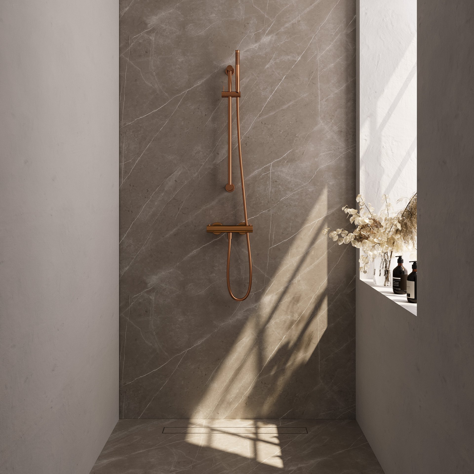 BRAUER Stripe opbouw douche thermostaatkraan SET 01 met glijstang en staaf handdouche en doucheslang koper geborsteld PVD