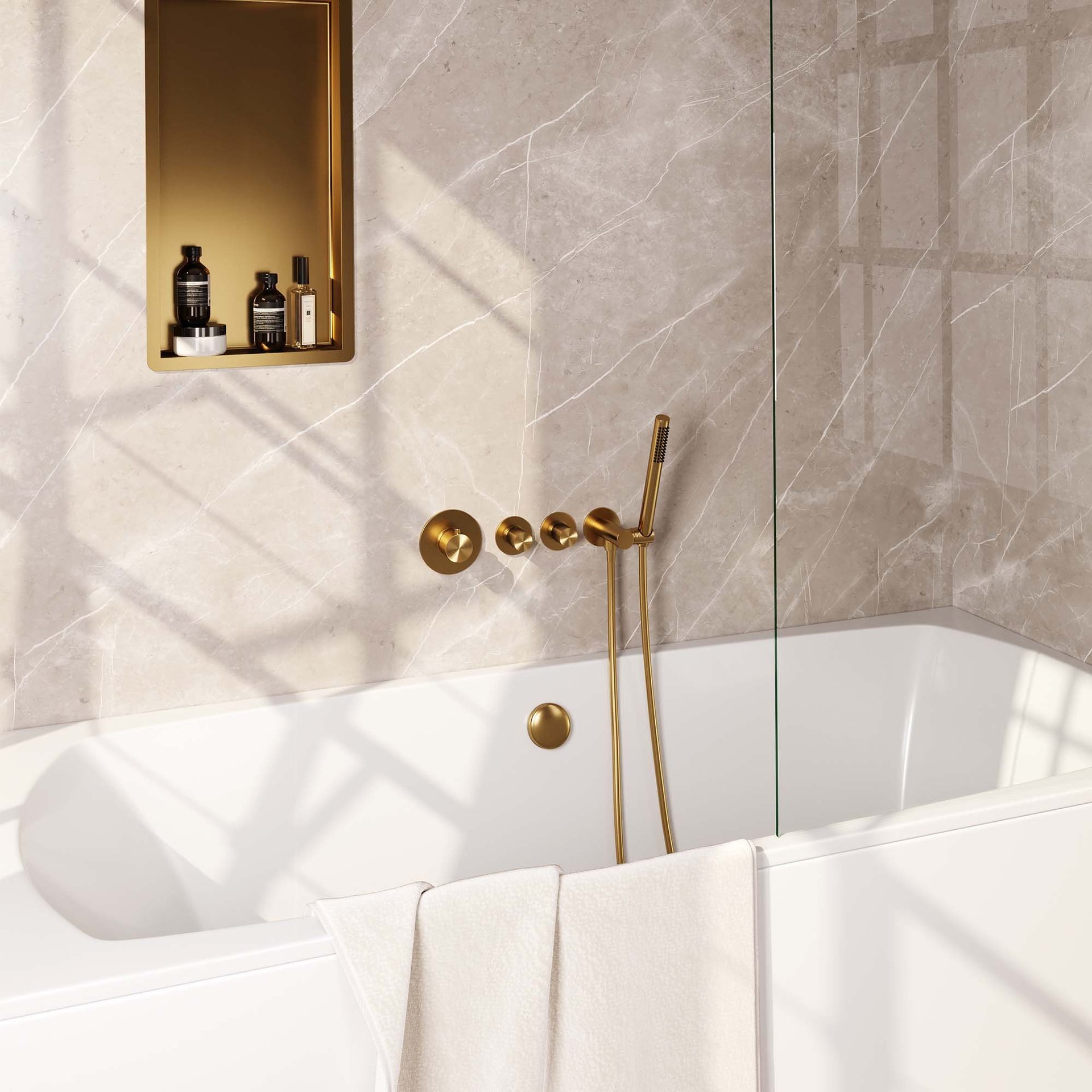 BRAUER Gold Carving thermostatische inbouw badkraan SET 01 met badvulcombinatie en staaf handdouche en doucheslang en wandaansluitbocht goud geborsteld PVD