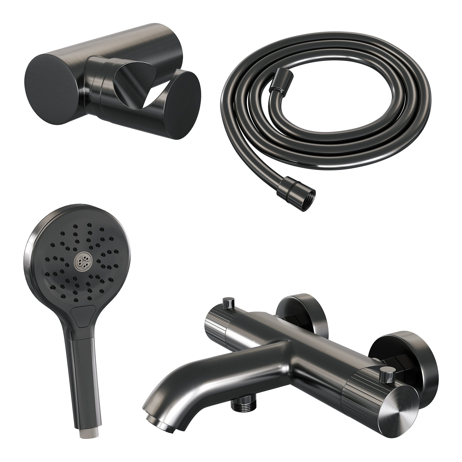 BRAUER Stripe opbouw baddouche thermostaatkraan SET 04 met wandhouder en 3-standen handdouche en doucheslang gunmetal geborsteld PVD