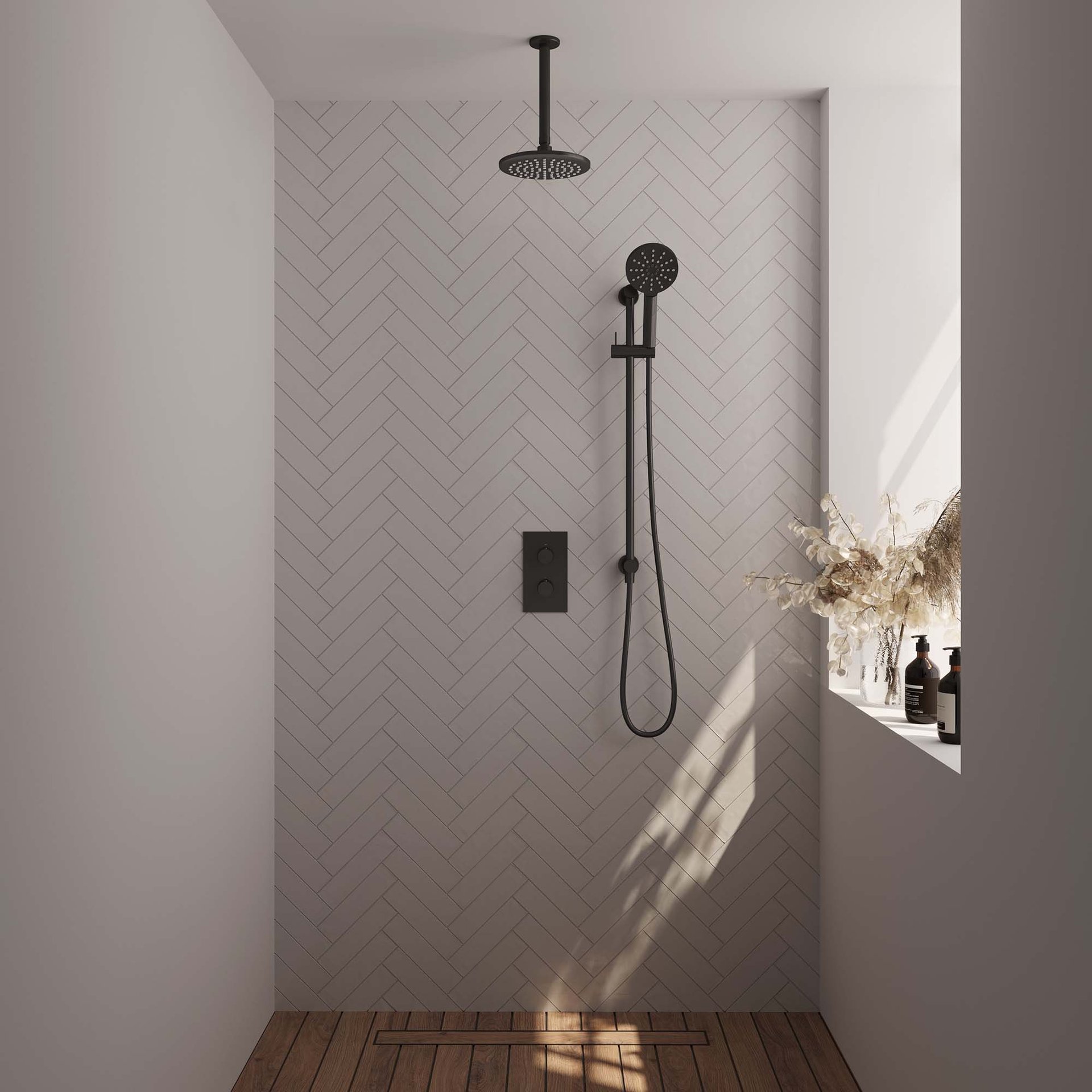 BRAUER Black Edition thermostatische inbouw regendouche 3-weg rechthoekig SET 47 met 20 cm douchekop en plafondarm en 3-standen handdouche en doucheslang en geïntegreerde glijstang mat zwart