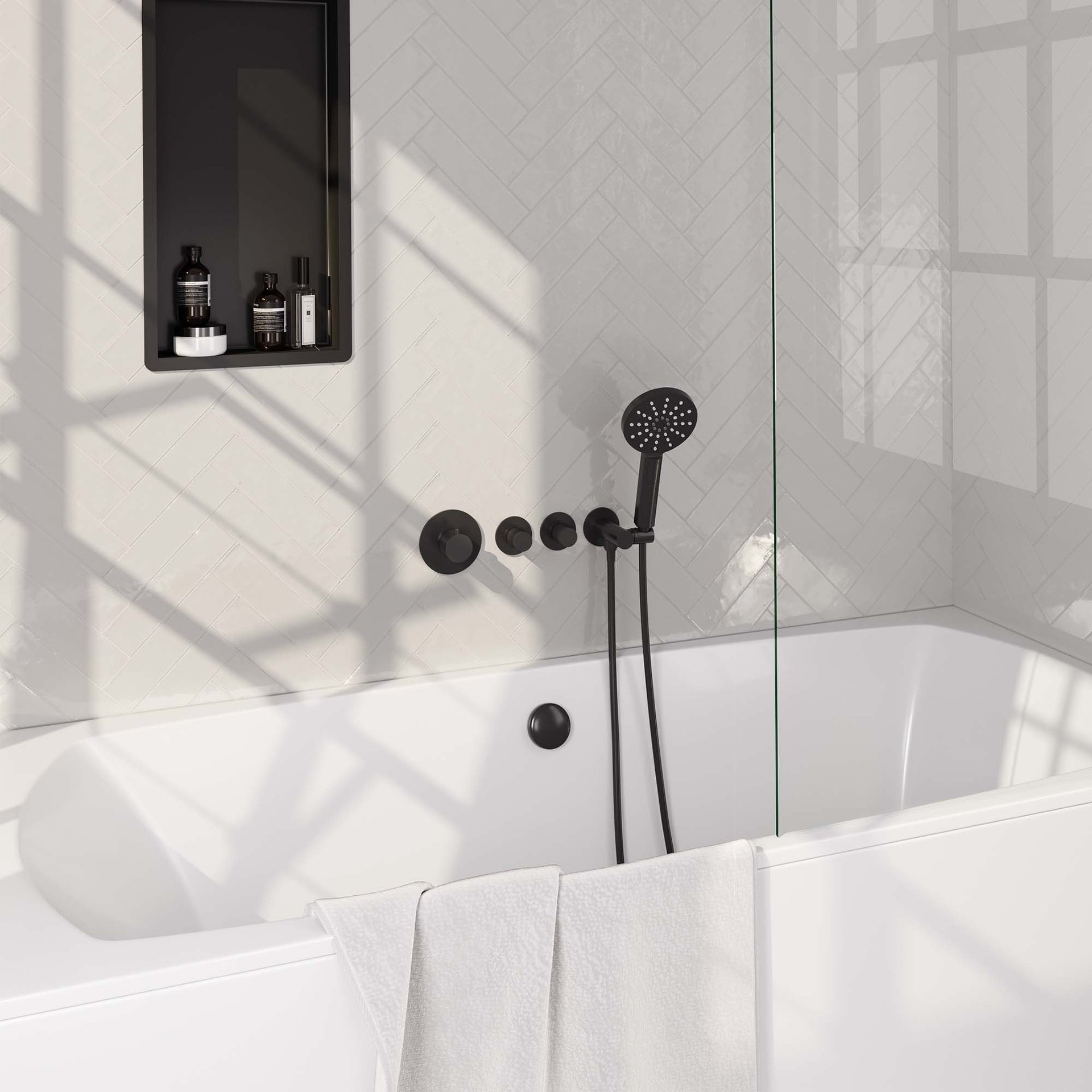 BRAUER Black Carving thermostatische inbouw badkraan SET 02 met badvulcombinatie en 3-standen handdouche en doucheslang en wandaansluitbocht mat zwart