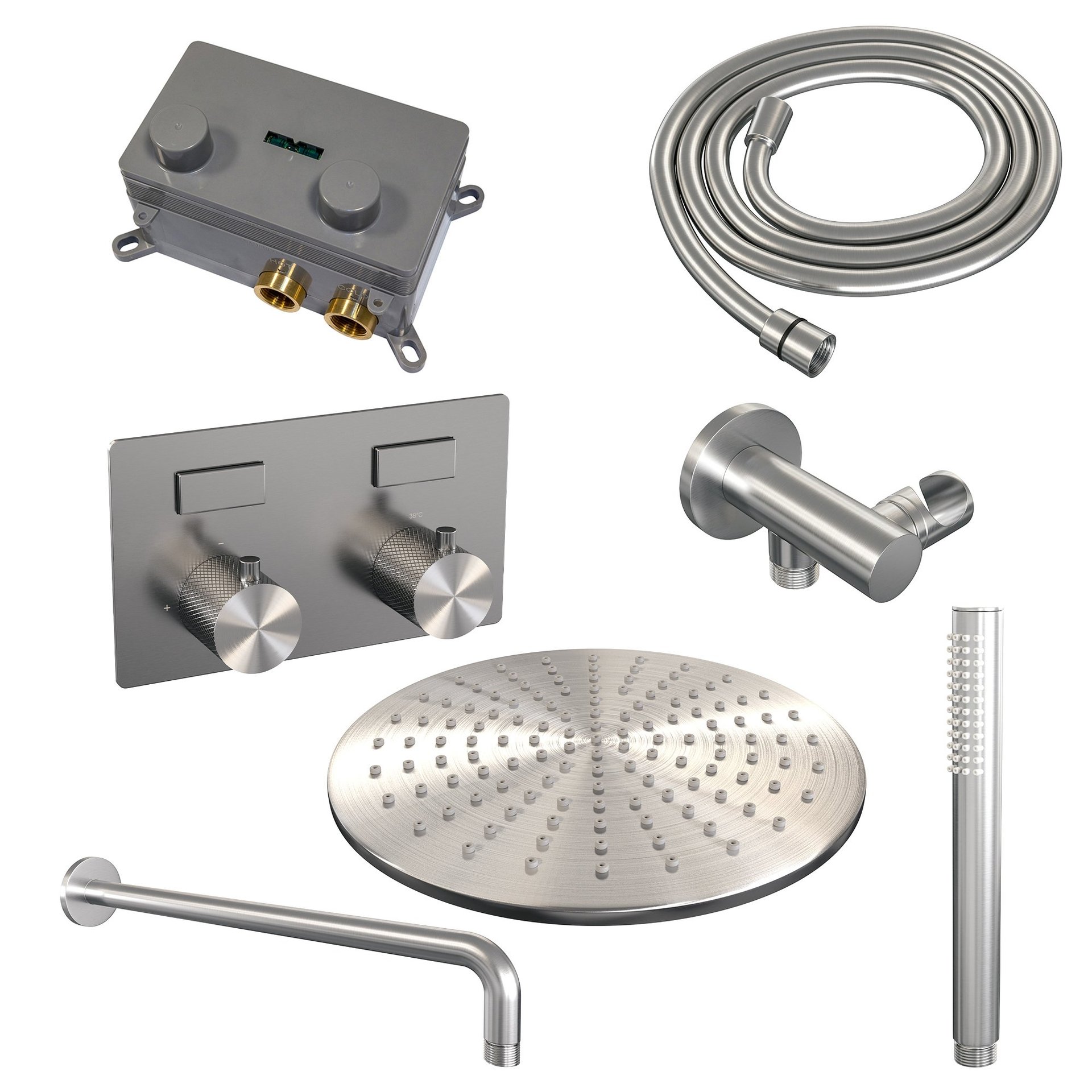 BRAUER Brushed Carving thermostatische inbouw regendouche met drukknoppen SET 52 met 30 cm douchekop en gebogen muurarm en staaf handdouche en doucheslang en wandaansluitbocht RVS geborsteld PVD