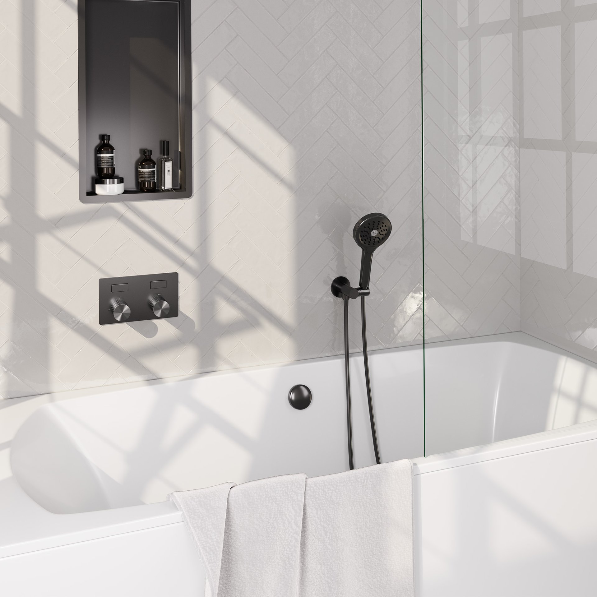 BRAUER Stripe thermostatische inbouw badkraan met drukknoppen SET 04 met badvulcombinatie en 3-standen handdouche en doucheslang en wandaansluitbocht gunmetal geborsteld PVD