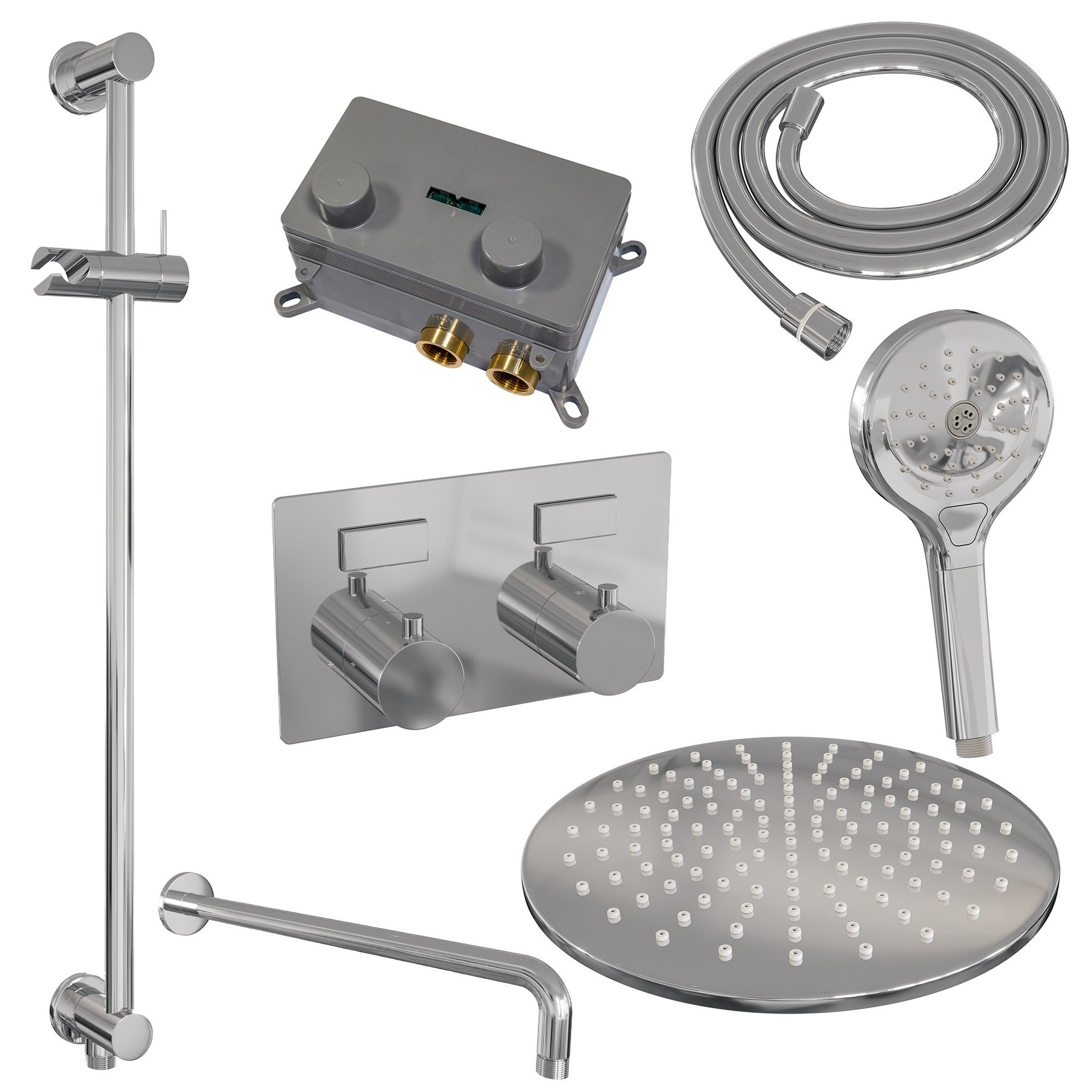 BRAUER Chrome Edition thermostatische inbouw regendouche met drukknoppen SET 70 met 30 cm douchekop en gebogen muurarm en 3-standen handdouche en doucheslang en geïntegreerde glijstang chroom