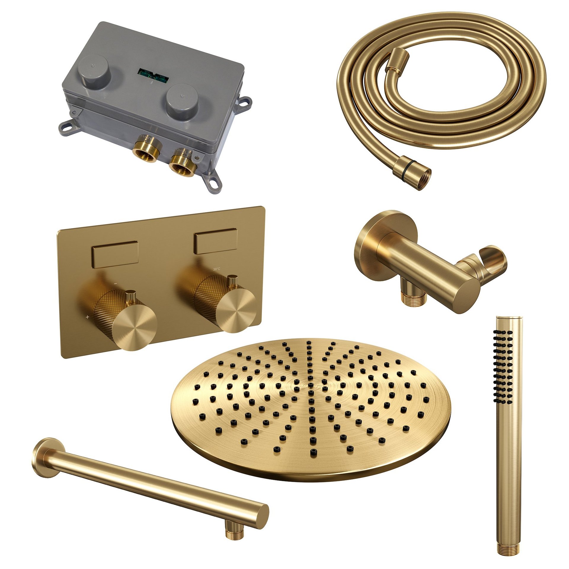 BRAUER Gold Carving thermostatische inbouw regendouche met drukknoppen SET 50 met 30 cm douchekop en rechte muurarm en staaf handdouche en doucheslang en wandaansluitbocht goud geborsteld PVD