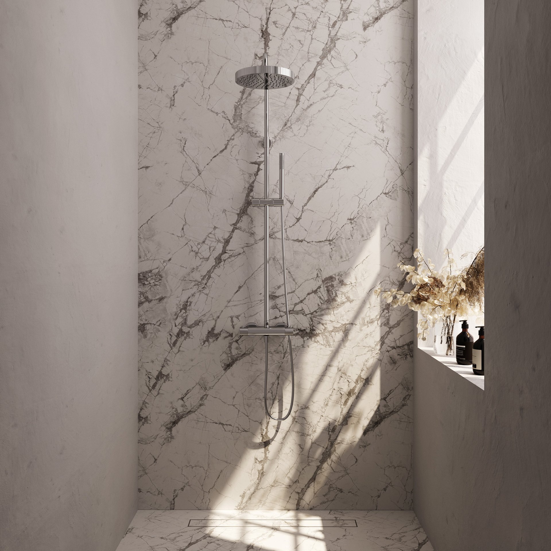 BRAUER Stripe opbouw thermostatische regendouche SET 01 met 25 cm hoofddouche en staaf handdouche en doucheslang chroom