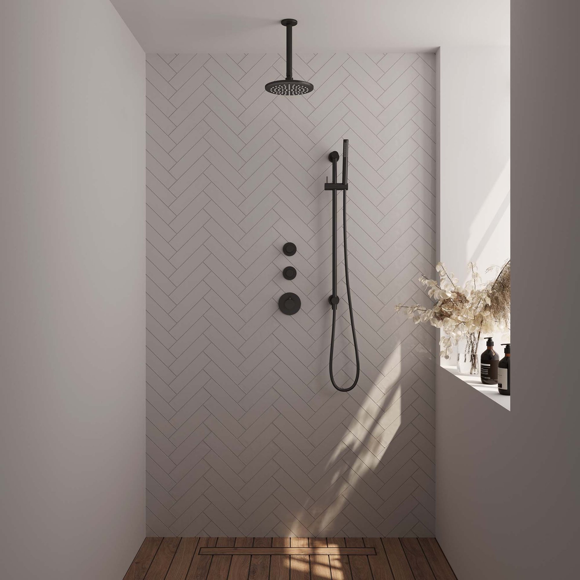 BRAUER Black Edition thermostatische inbouw regendouche SET 17 met 20 cm douchekop en plafondarm en staaf handdouche en doucheslang en geïntegreerde glijstang mat zwart
