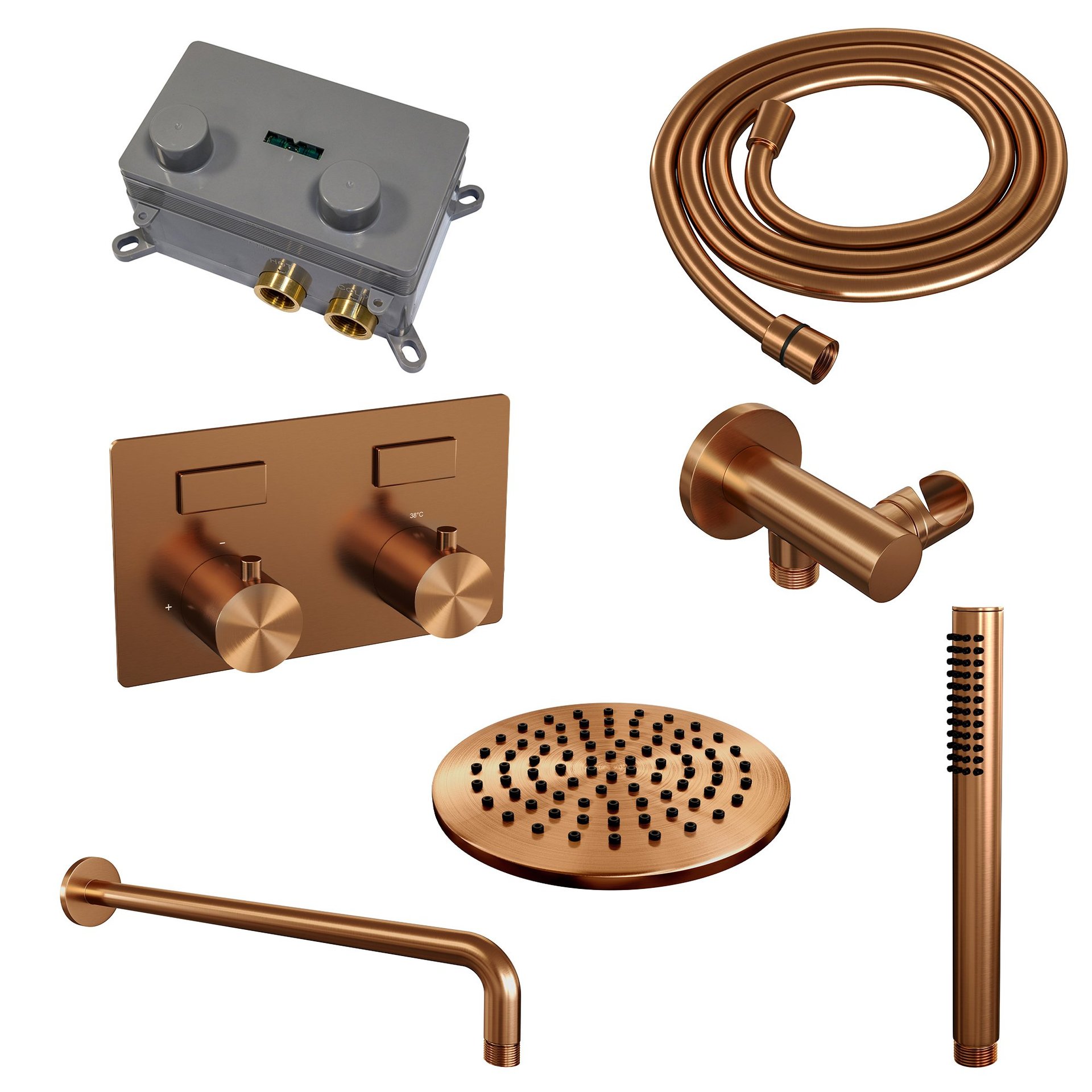 BRAUER Copper Edition thermostatische inbouw regendouche met drukknoppen SET 50 met 30 cm douchekop en rechte muurarm en staaf handdouche en doucheslang en wandaansluitbocht koper geborsteld PVD