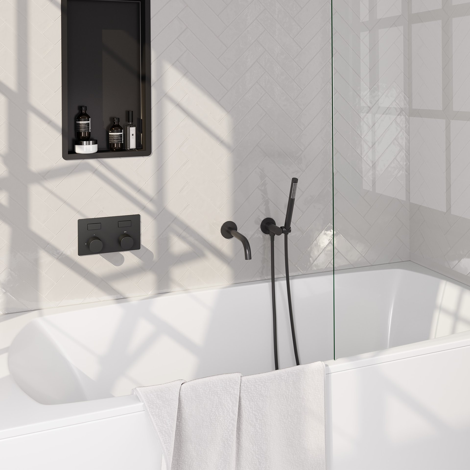 BRAUER Stripe thermostatische inbouw badkraan met drukknoppen SET 03 met uitloop en staaf handdouche en doucheslang en wandaansluitbocht mat zwart