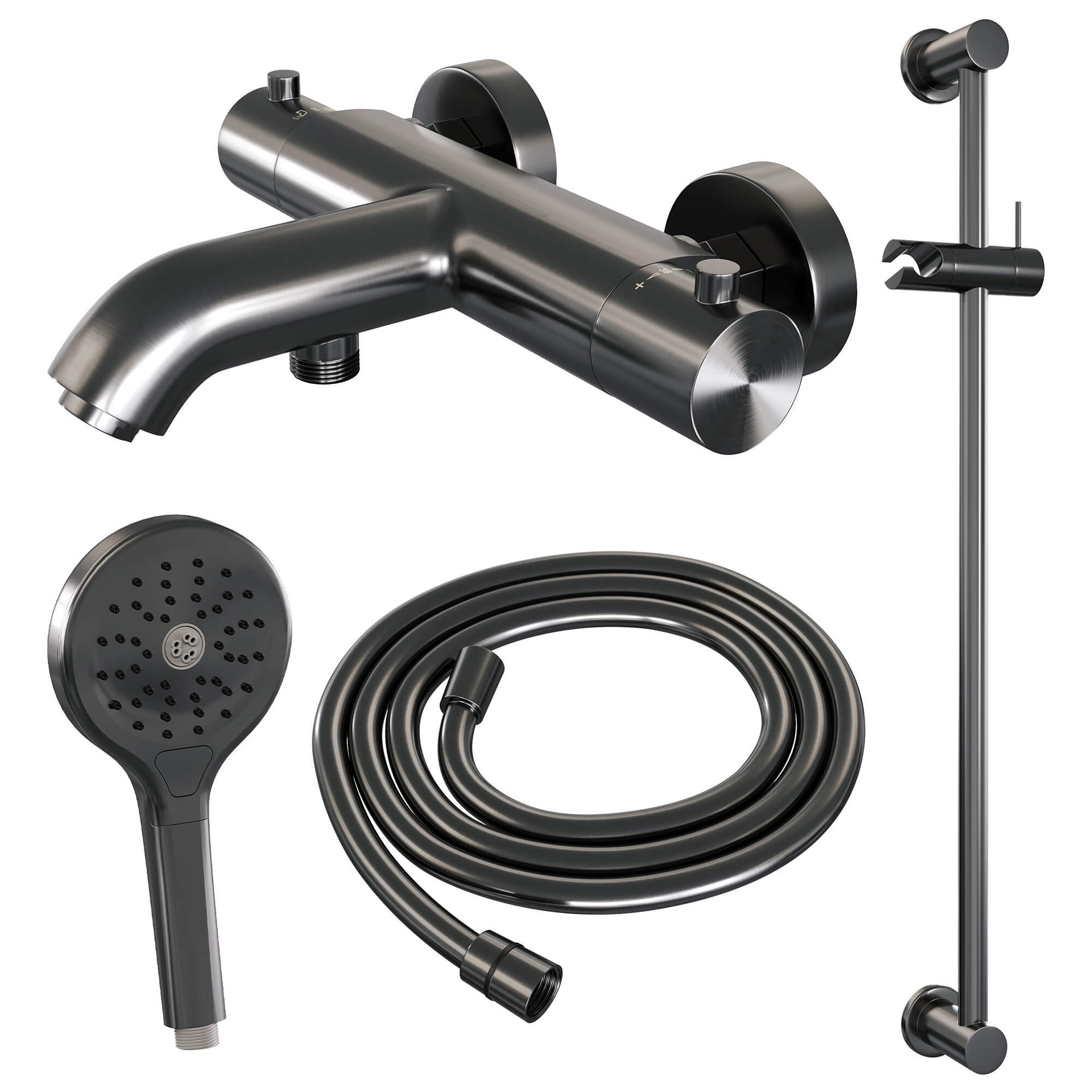 BRAUER Gunmetal Edition opbouw baddouche thermostaatkraan SET 02 met glijstang en 3-standen handdouche en doucheslang gunmetal geborsteld PVD