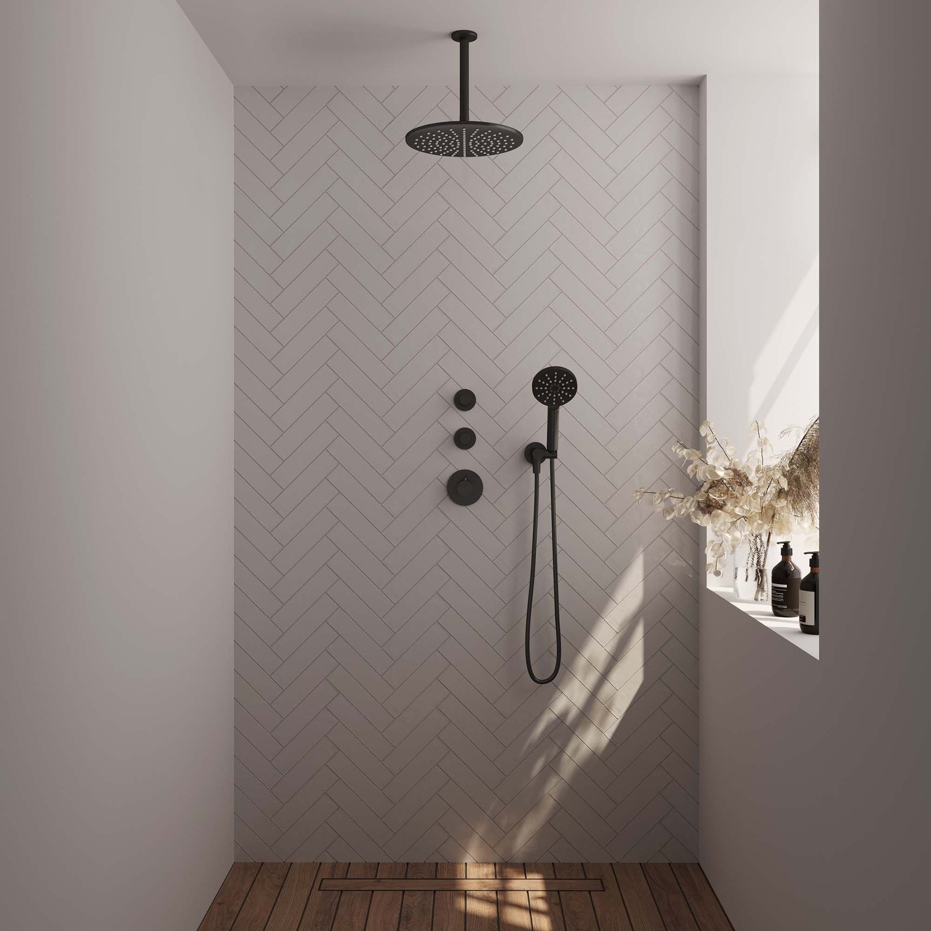 BRAUER Black Carving thermostatische inbouw regendouche SET 12 met 30 cm douchekop en plafondarm en 3-standen handdouche en doucheslang en wandaansluitbocht mat zwart