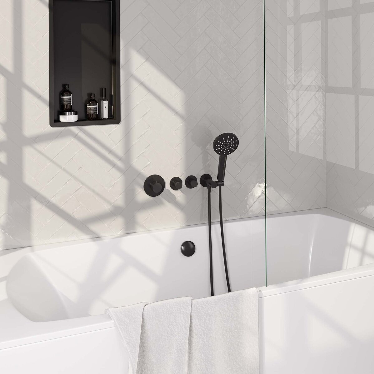 BRAUER Black Edition thermostatische inbouw badkraan SET 02 met badvulcombinatie en 3-standen handdouche en doucheslang en wandaansluitbocht mat zwart