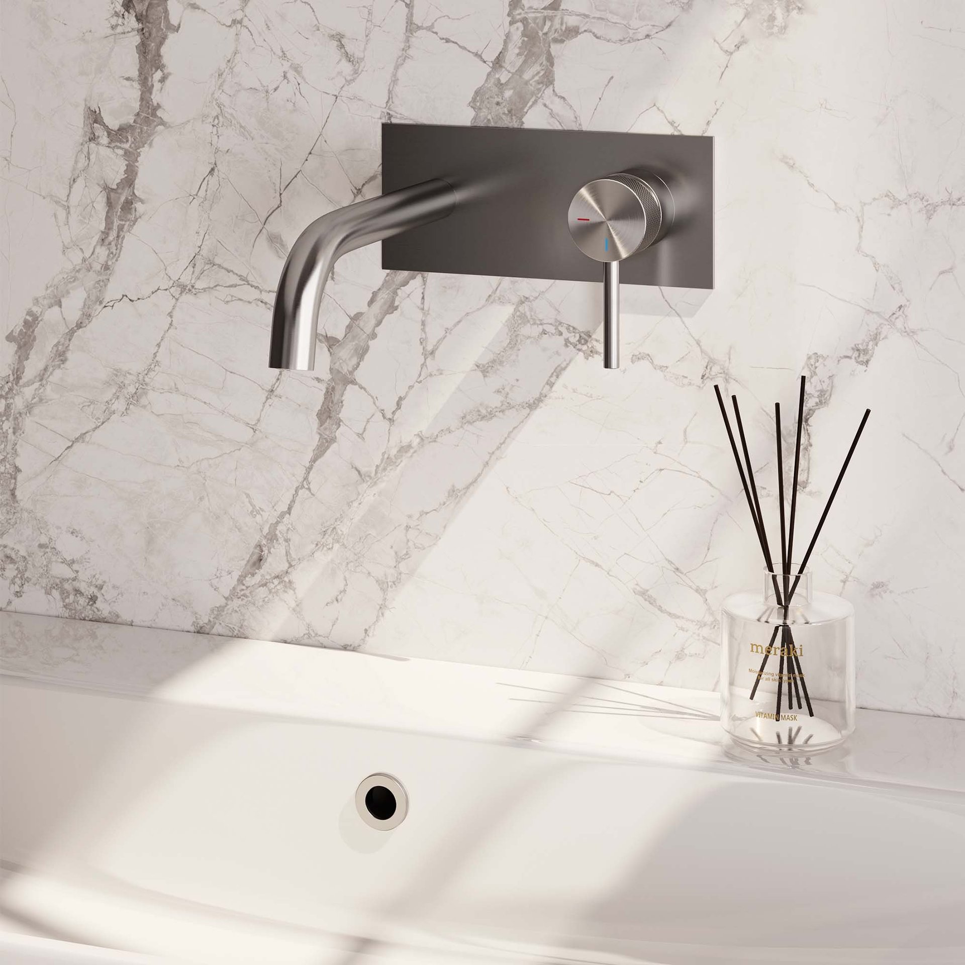 BRAUER Brushed Carving inbouw wastafelmengkraan met gebogen uitloop en afdekplaat model A1 RVS geborsteld PVD