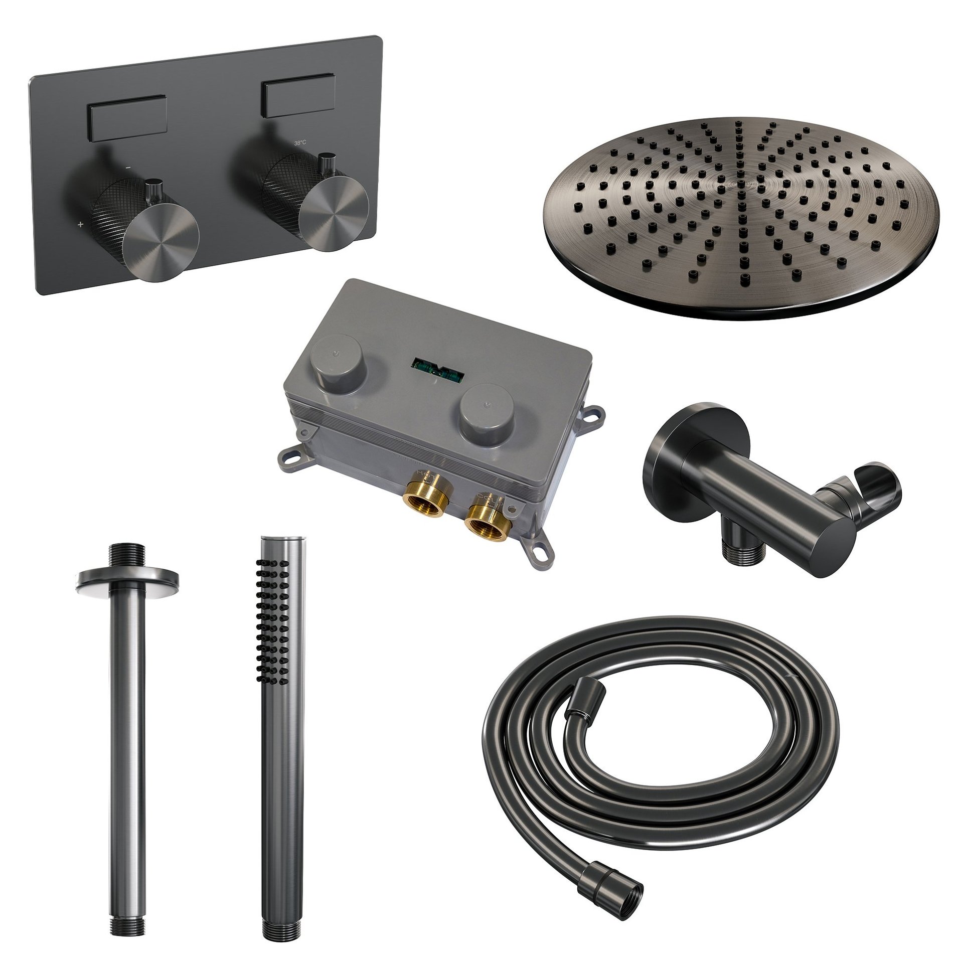 BRAUER Gunmetal Carving thermostatische inbouw regendouche met drukknoppen SET 54 met 30 cm douchekop en plafondarm en staaf handdouche en doucheslang en wandaansluitbocht gunmetal geborsteld PVD