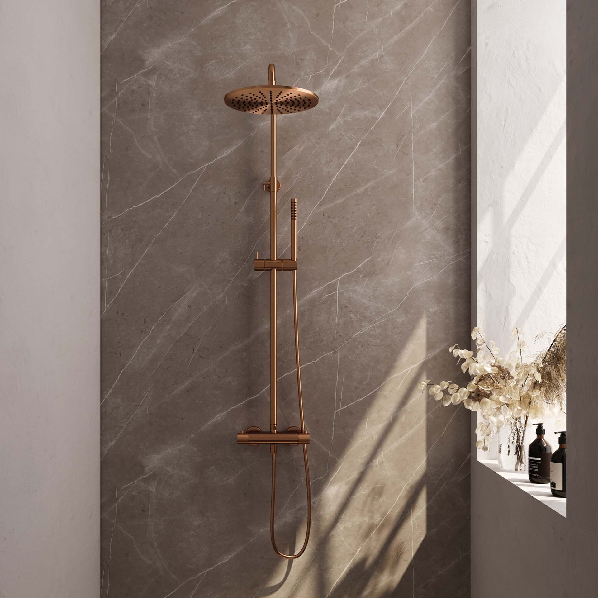 BRAUER Copper Edition opbouw thermostatische regendouche SET 03 met 30 cm hoofddouche en staaf handdouche en doucheslang koper geborsteld PVD