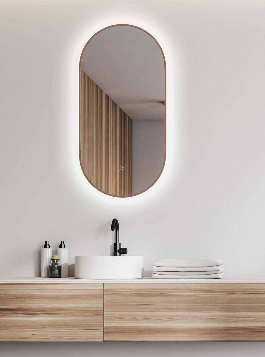 Nomi spiegel met lijst ovaal met LED, dimbaar en spiegelverwarming 50 x 100 cm geborsteld brons koper