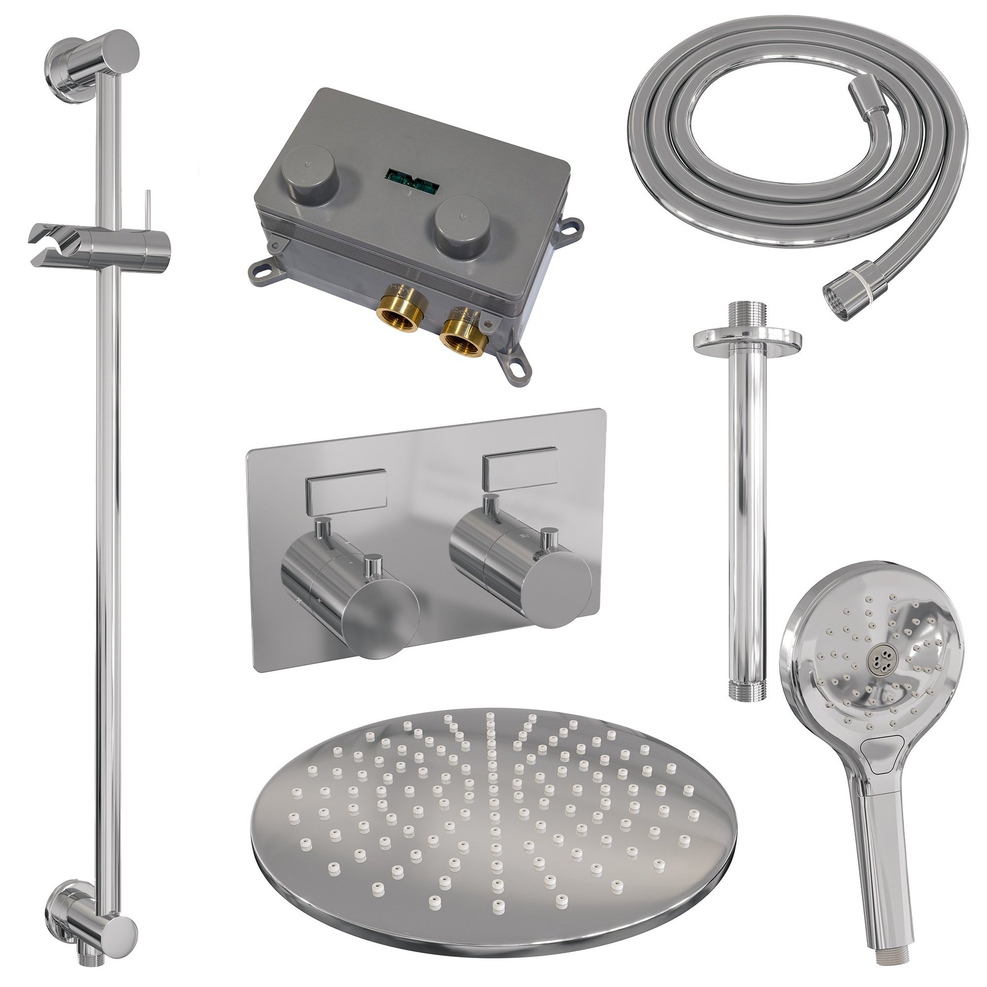 BRAUER Chrome Edition thermostatische inbouw regendouche met drukknoppen SET 72 met 30 cm douchekop en plafondarm en 3-standen handdouche en doucheslang en geïntegreerde glijstang chroom