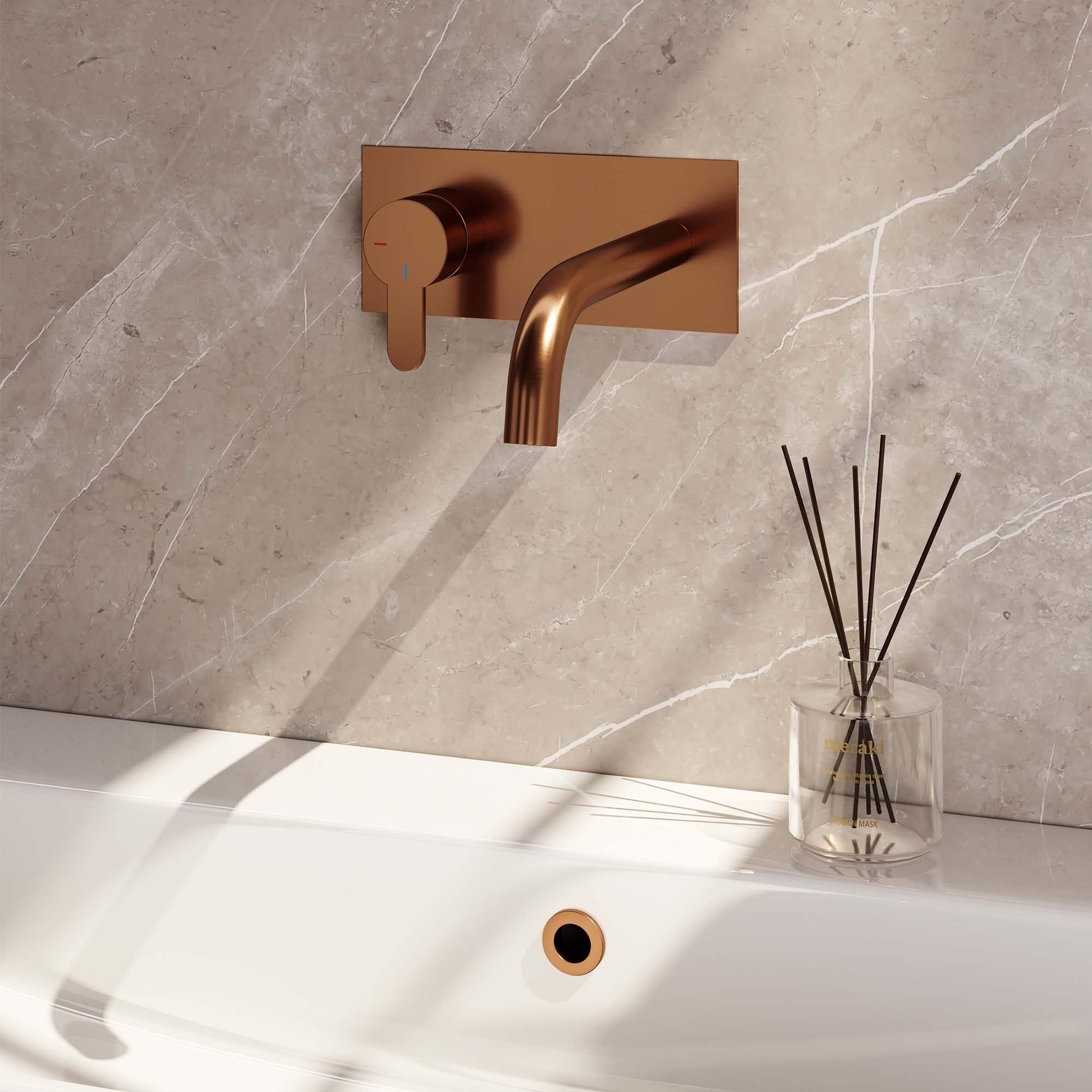 BRAUER Copper Edition inbouw wastafelmengkraan met gebogen uitloop en afdekplaat model D2 koper geborsteld PVD