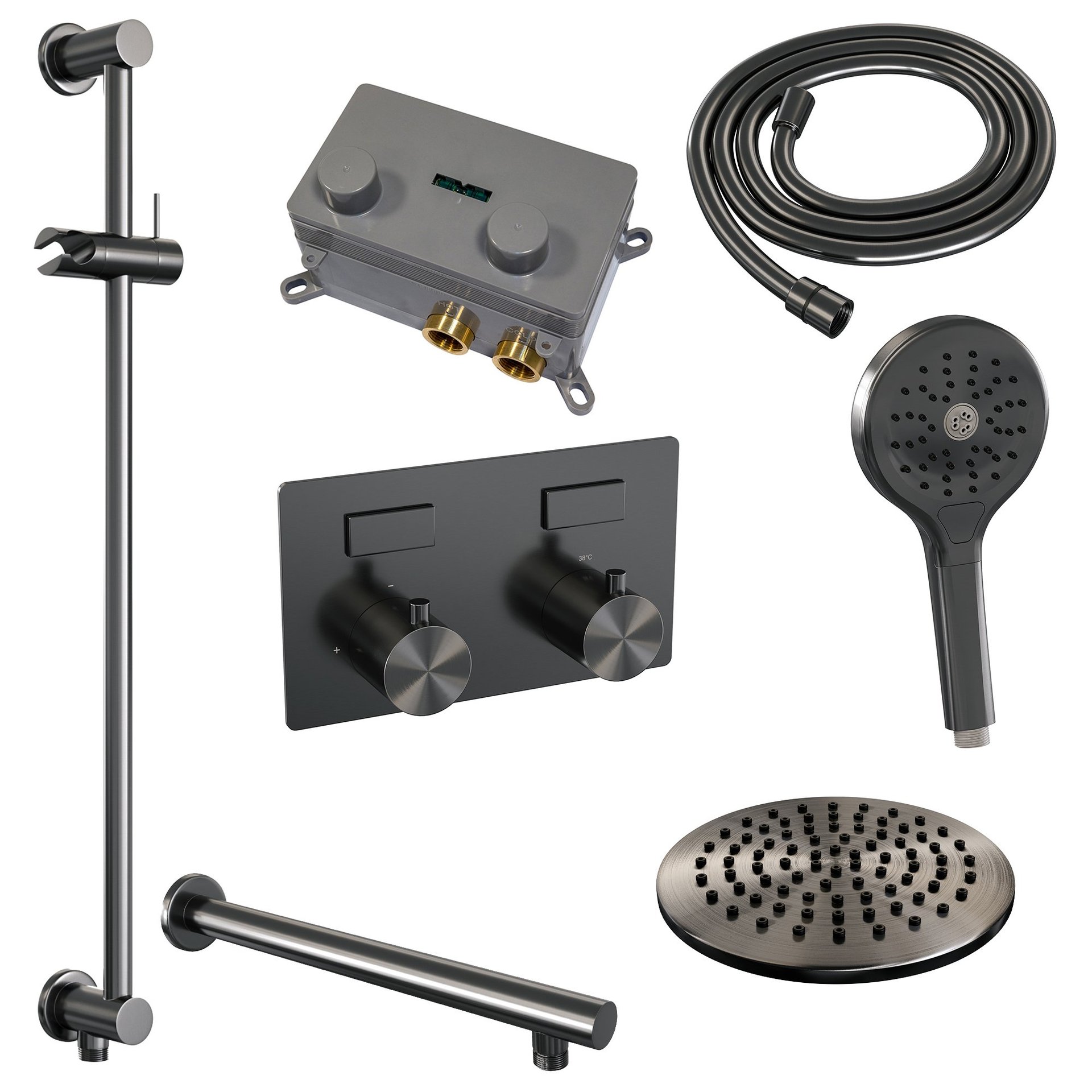 BRAUER Gunmetal Edition thermostatische inbouw regendouche met drukknoppen SET 67 met 20 cm douchekop en rechte muurarm en 3-standen handdouche en doucheslang en geïntegreerde glijstang gunmetal geborsteld PVD