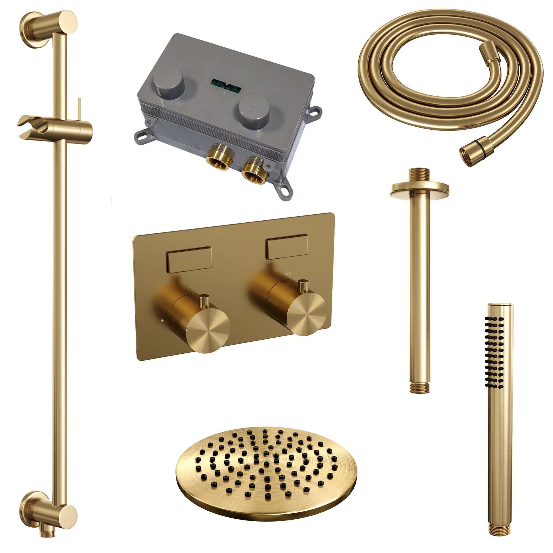 BRAUER Gold Edition thermostatische inbouw regendouche met drukknoppen SET 65 met 20 cm douchekop en plafondarm en staaf handdouche en doucheslang en geïntegreerde glijstang goud geborsteld PVD