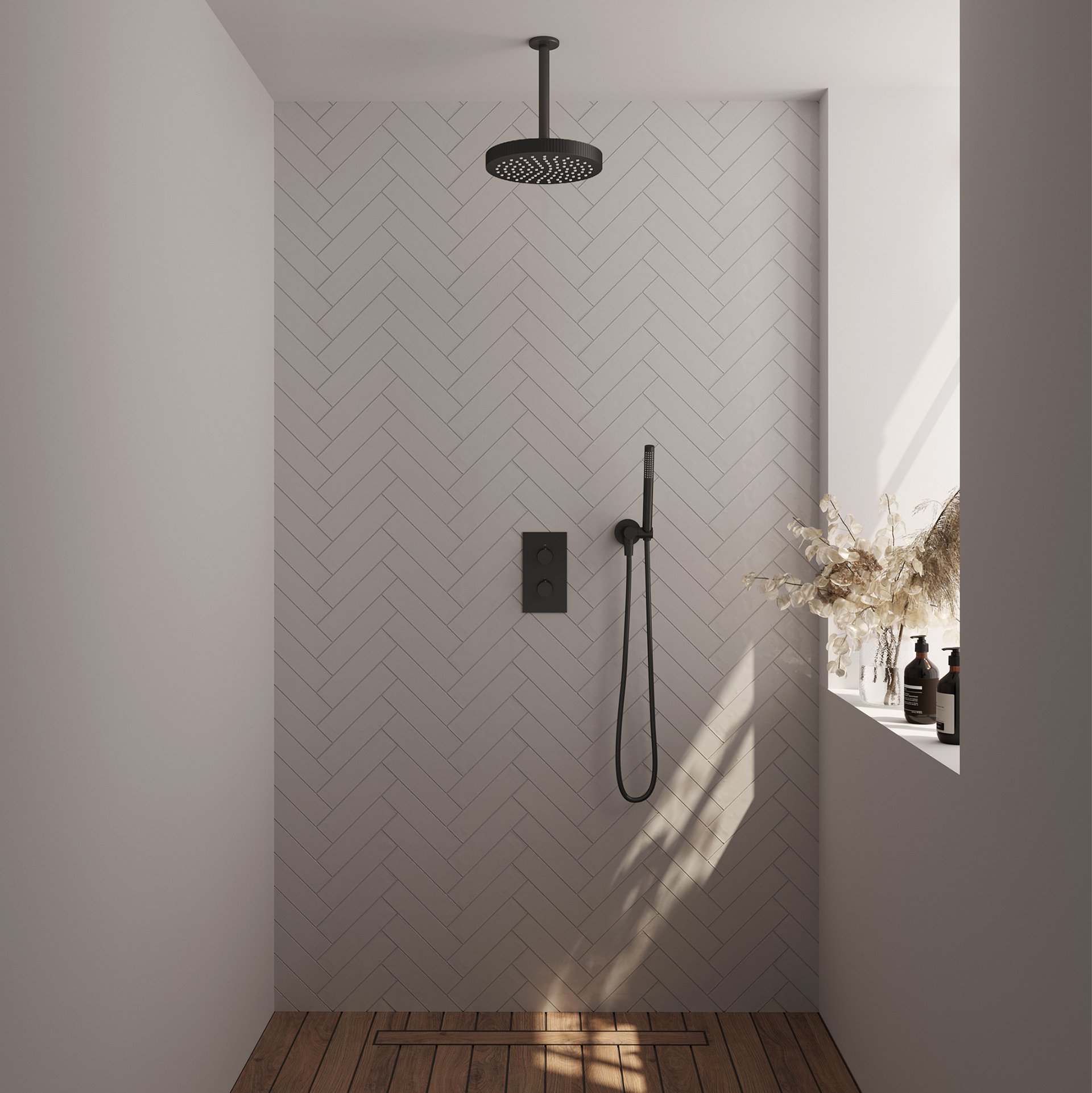 BRAUER Stripe thermostatische inbouw regendouche 3-weg rechthoekig SET 15 met 25 cm douchekop en plafondarm en staaf handdouche en doucheslang en wandaansluitbocht mat zwart