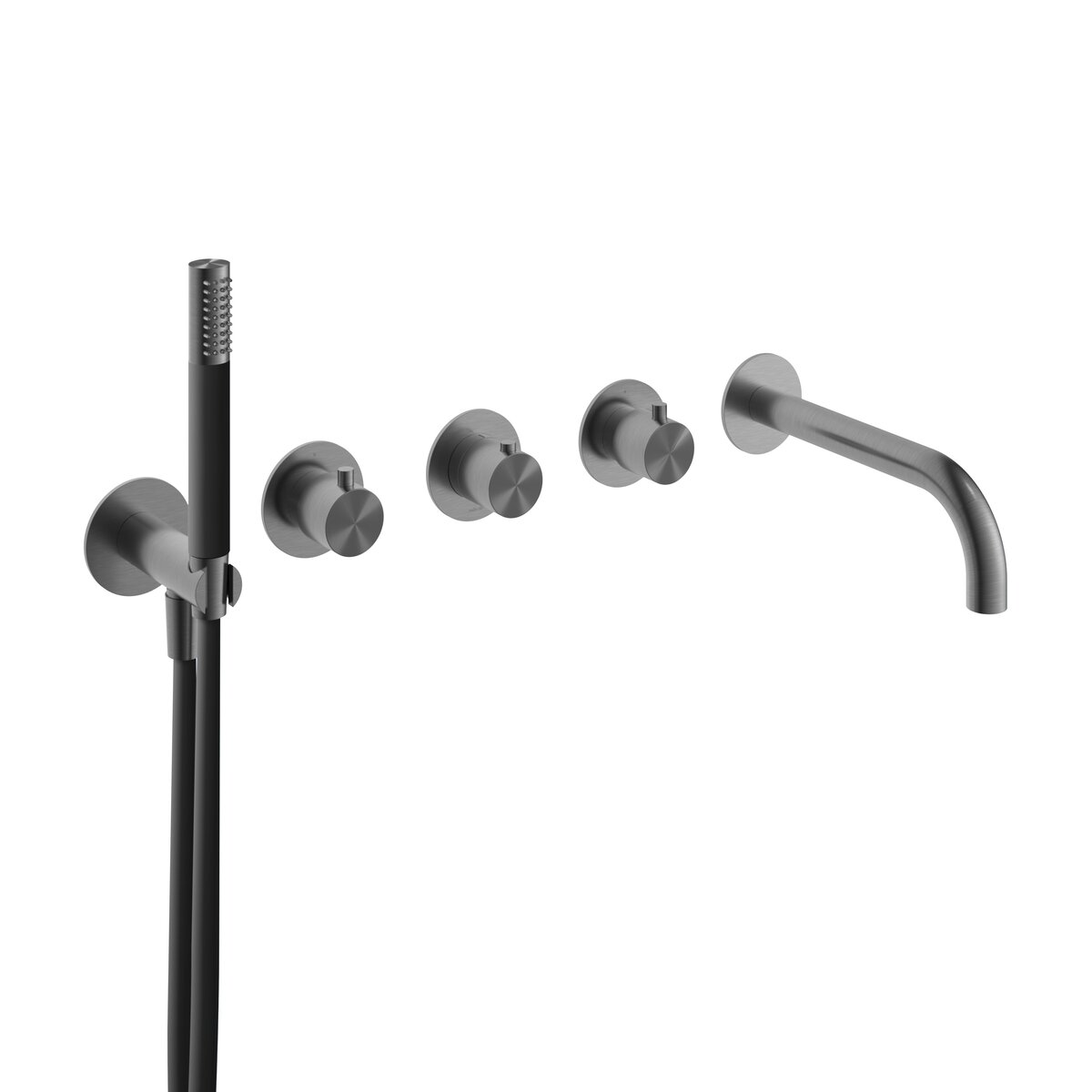 Hotbath Archie Afbouwdeel - Inbouw Thermostaat Met 2 Stopkranen, Uitloop En Handdoucheset Met Opsteek Muuraansluiting Geborsteld Gunmetal PVD